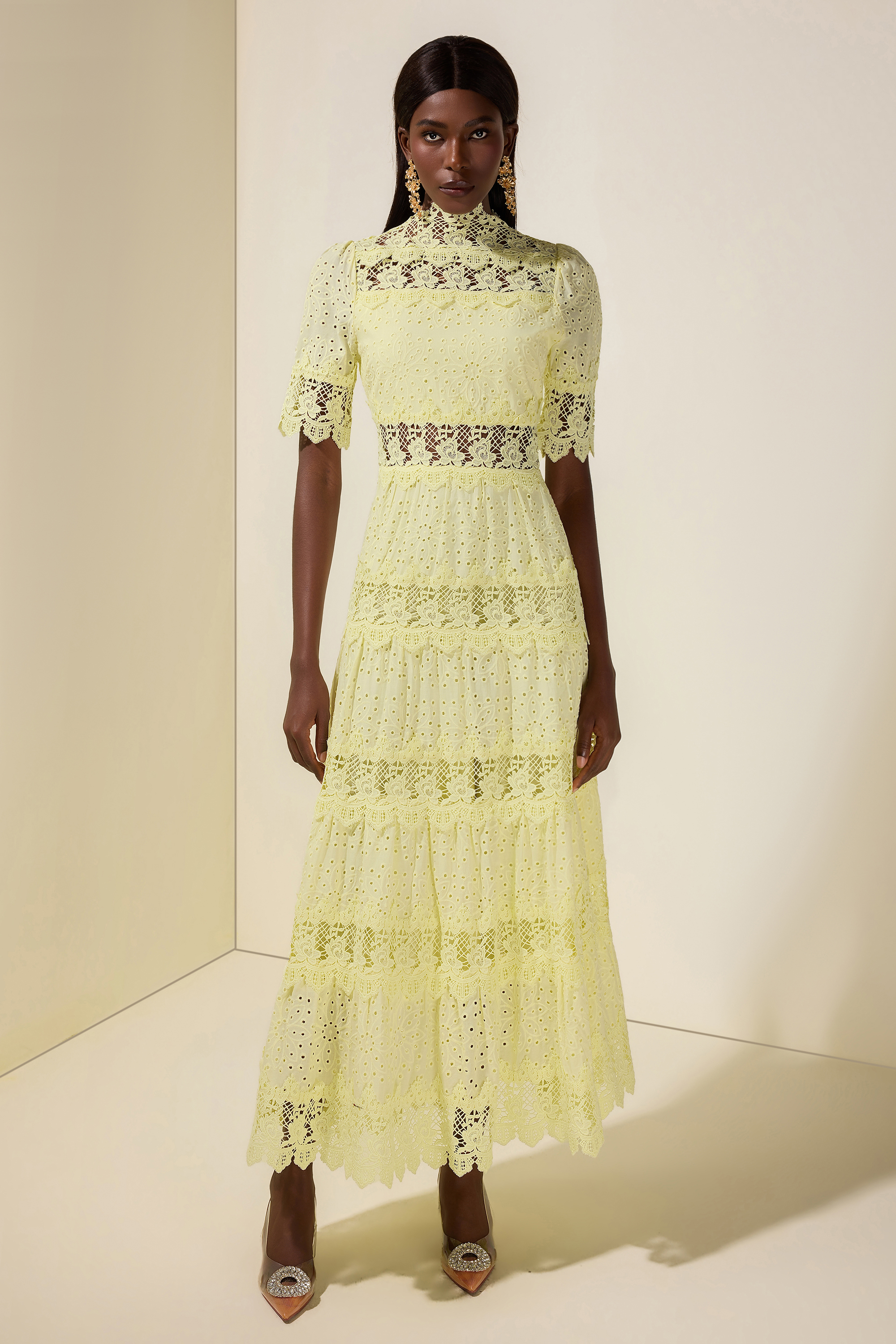 Lace Embroidered Stand Collar Midi Dress