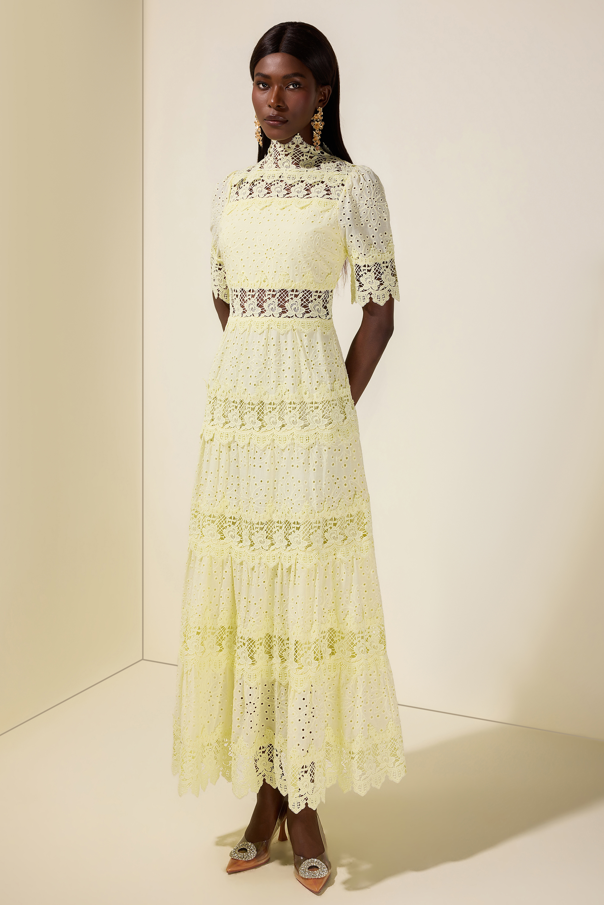Lace Embroidered Stand Collar Midi Dress