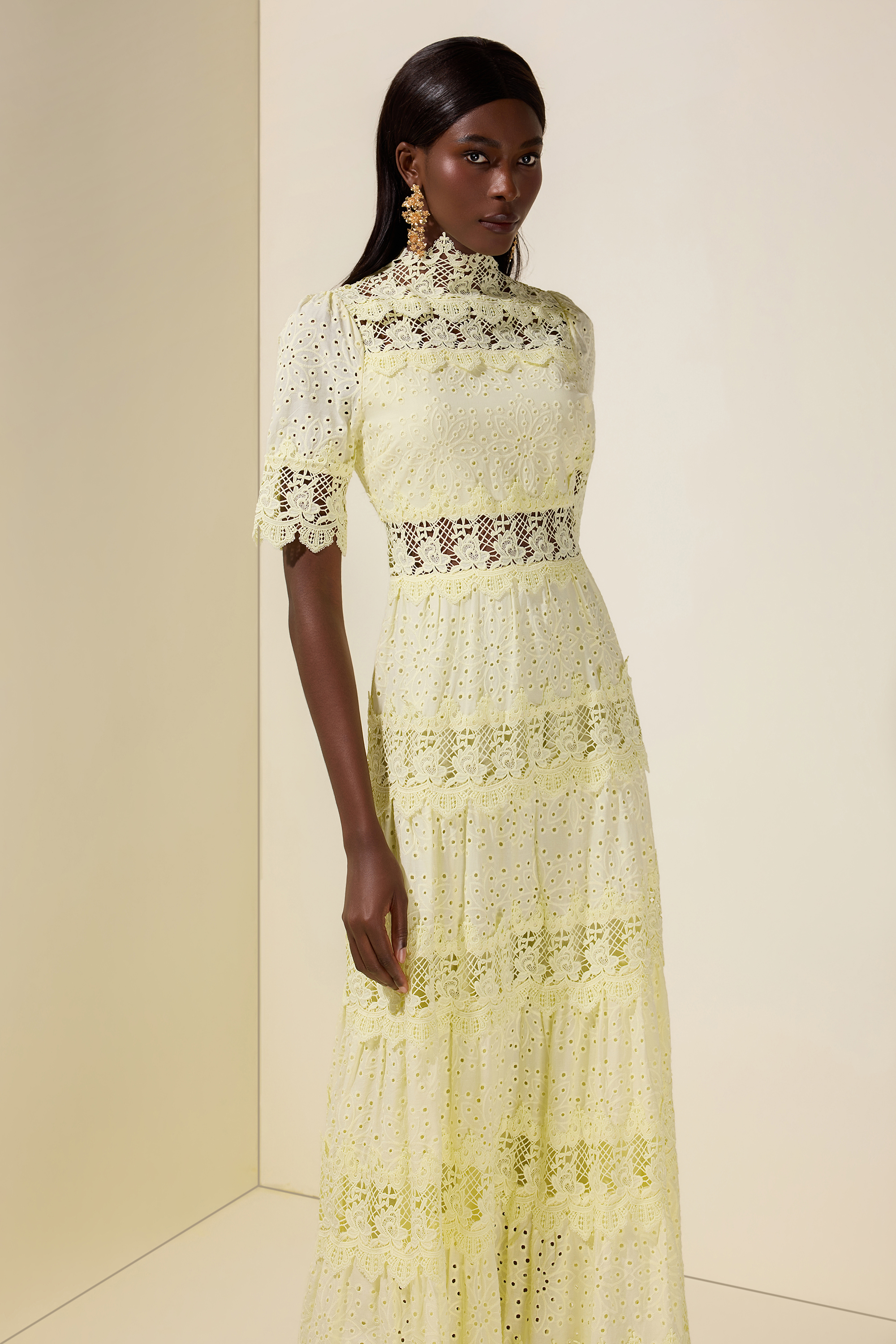 Lace Embroidered Stand Collar Midi Dress