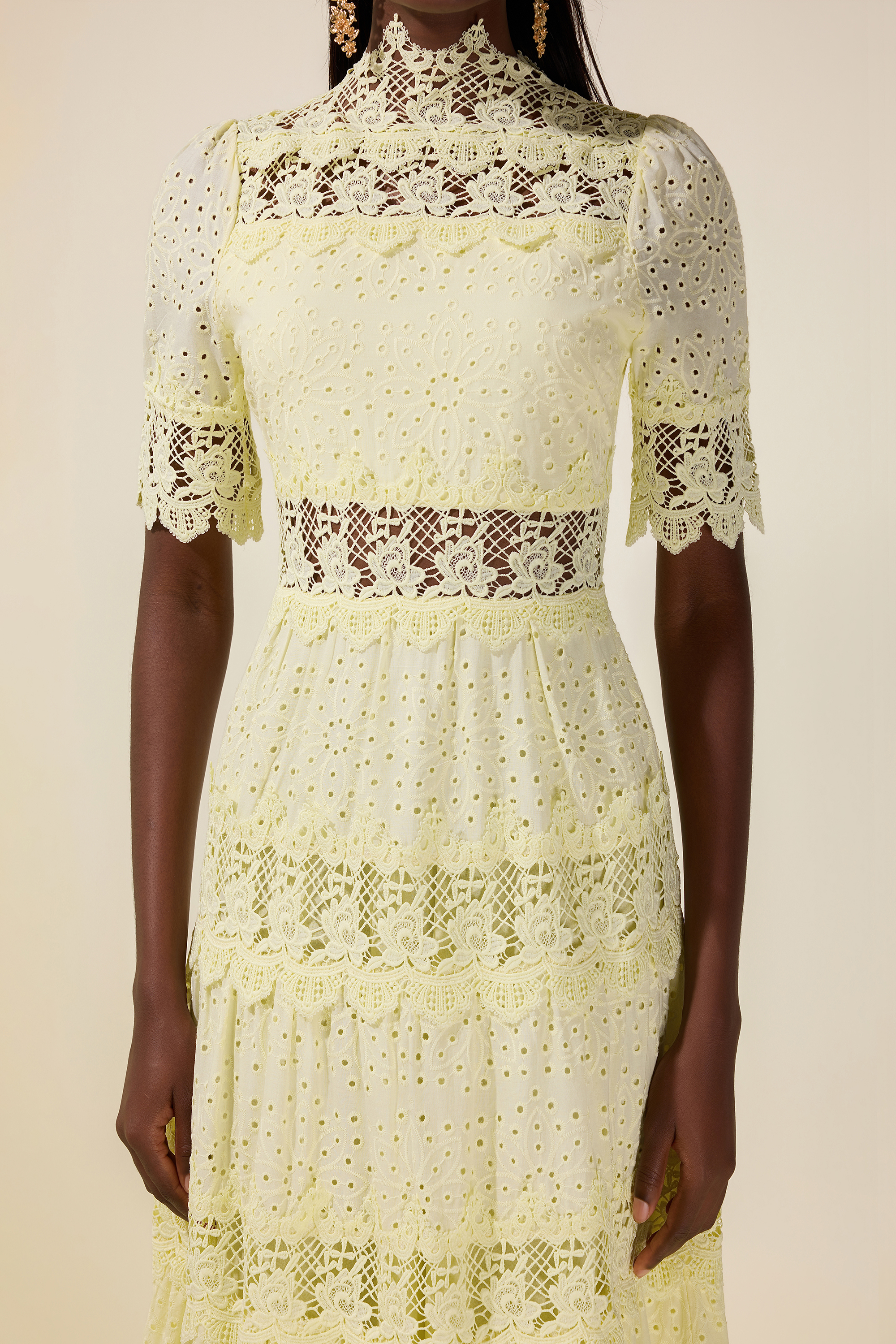 Lace Embroidered Stand Collar Midi Dress