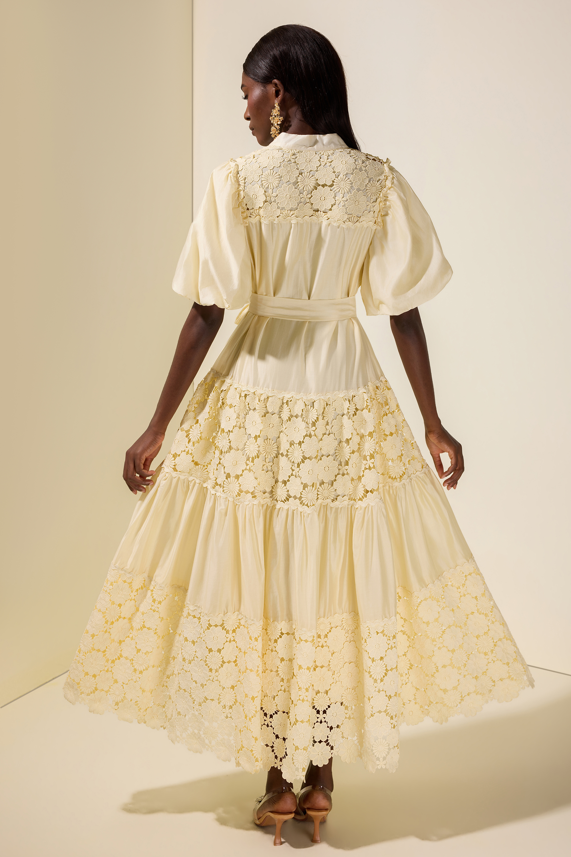 Lace Splicing Puff Sleeve Midi Dress