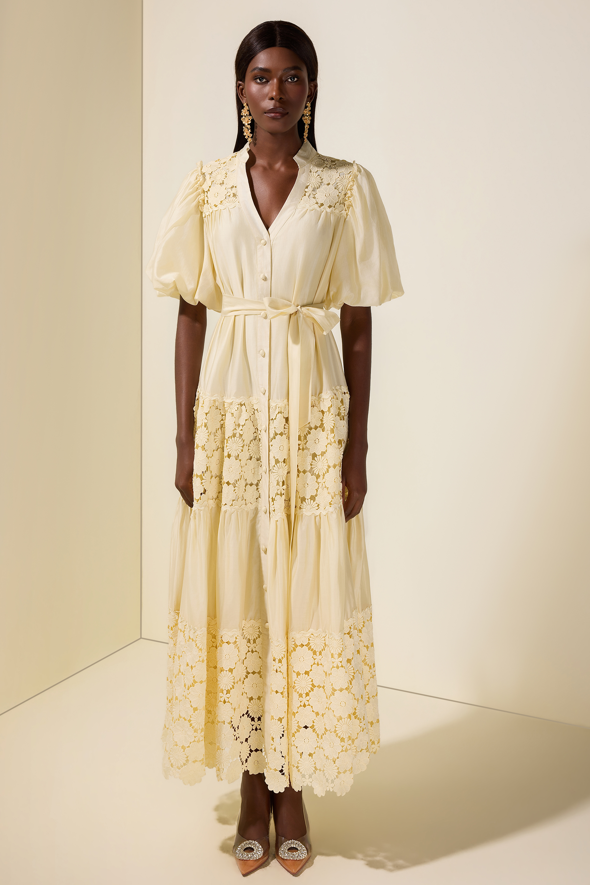 Lace Splicing Puff Sleeve Midi Dress