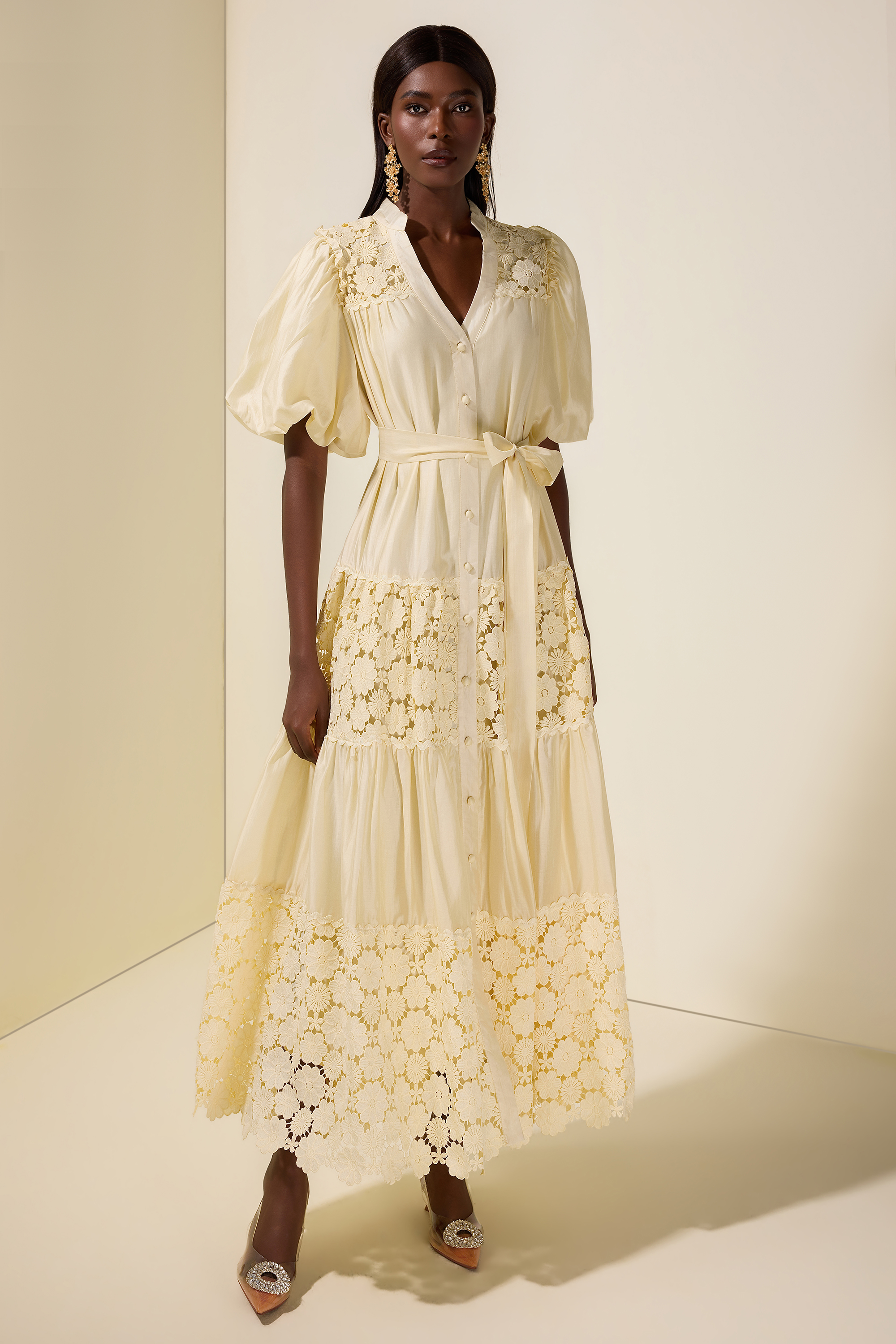 Lace Splicing Puff Sleeve Midi Dress