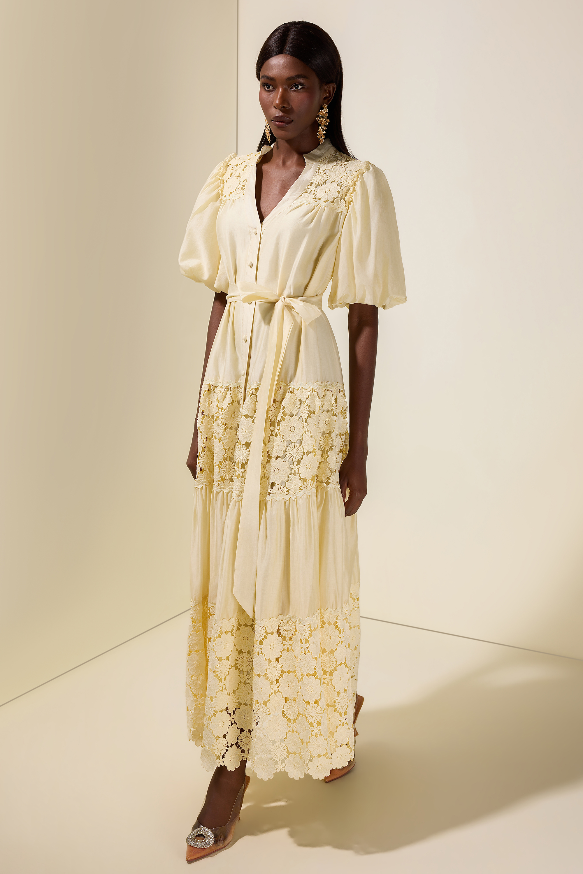 Lace Splicing Puff Sleeve Midi Dress
