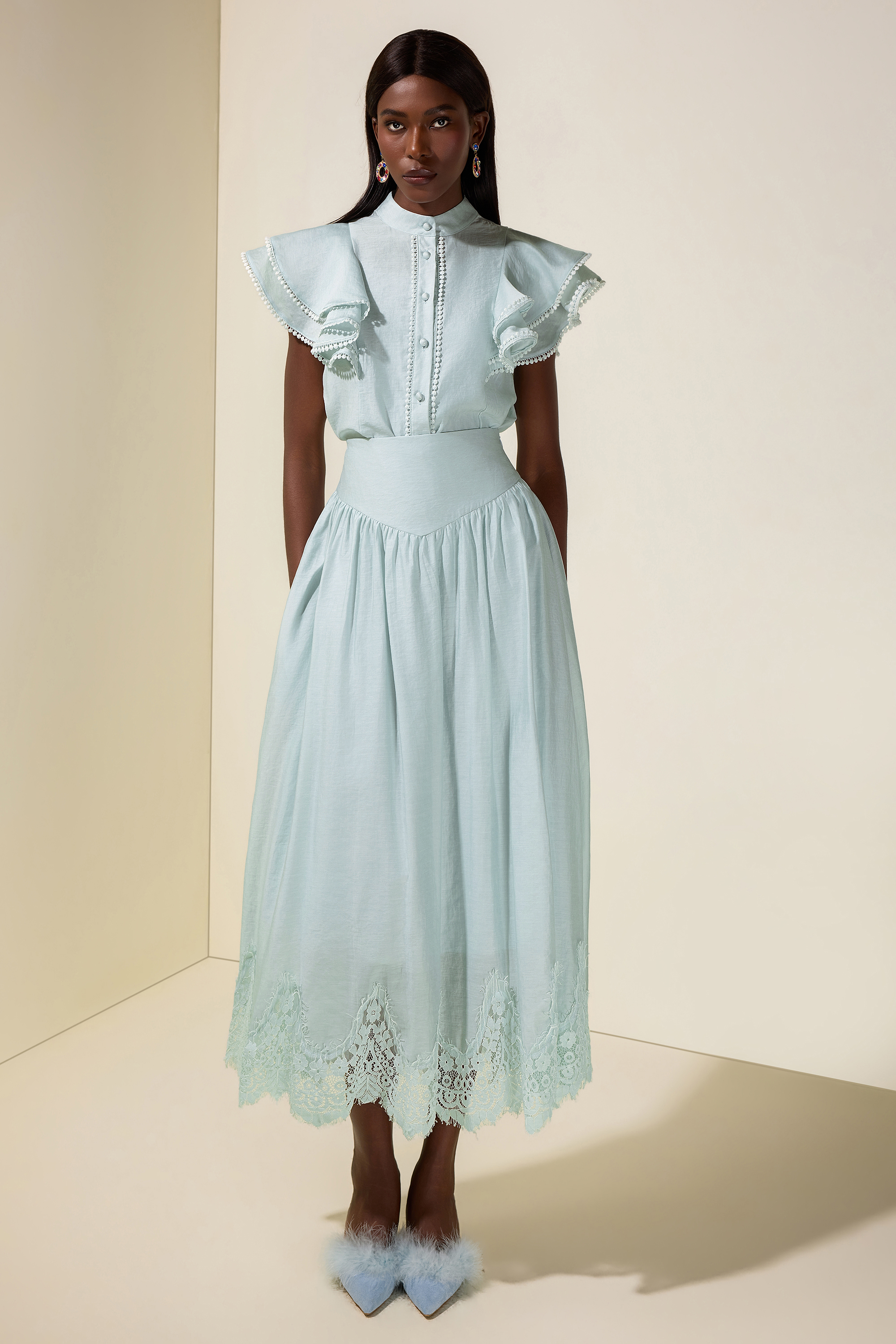 Sleeveless Ruffle Lace Top & Midi Skirt Set