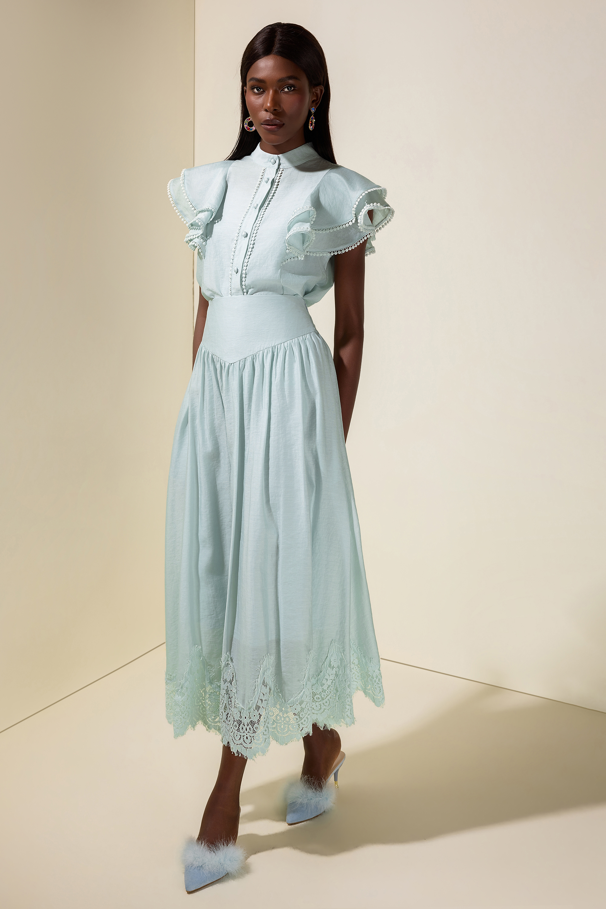 Sleeveless Ruffle Lace Top & Midi Skirt Set