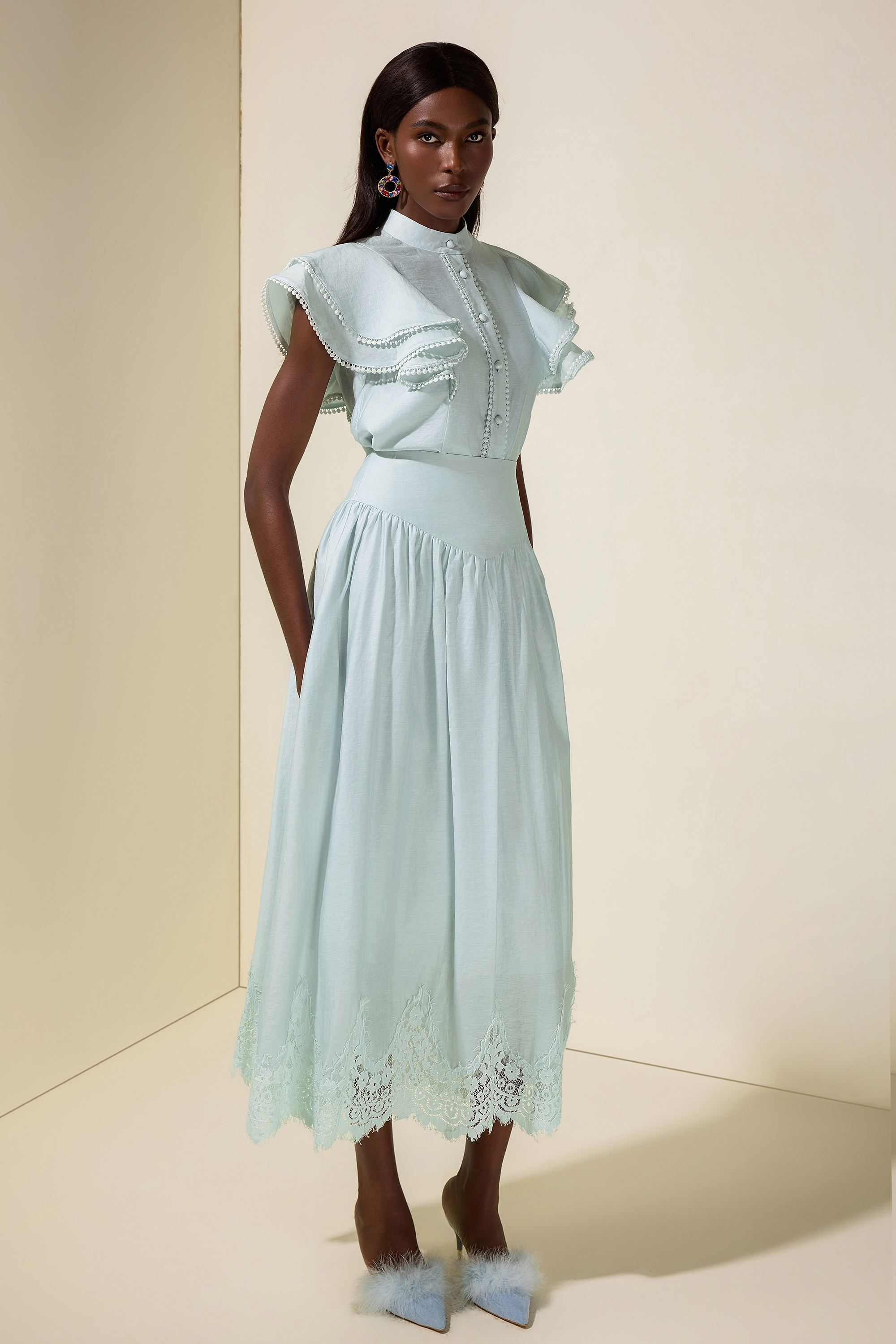 Sleeveless Ruffle Lace Top & Midi Skirt Set
