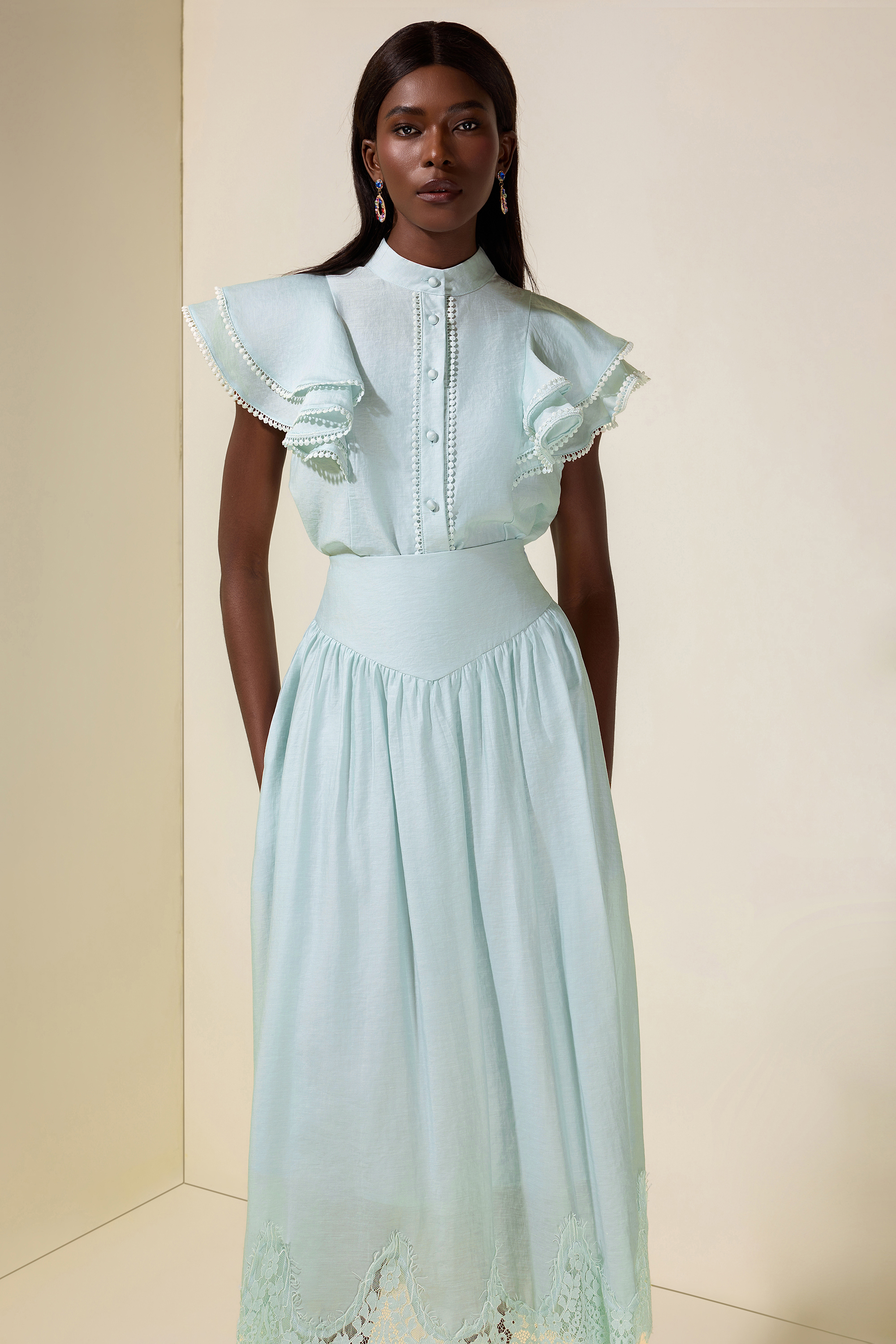 Sleeveless Ruffle Lace Top & Midi Skirt Set