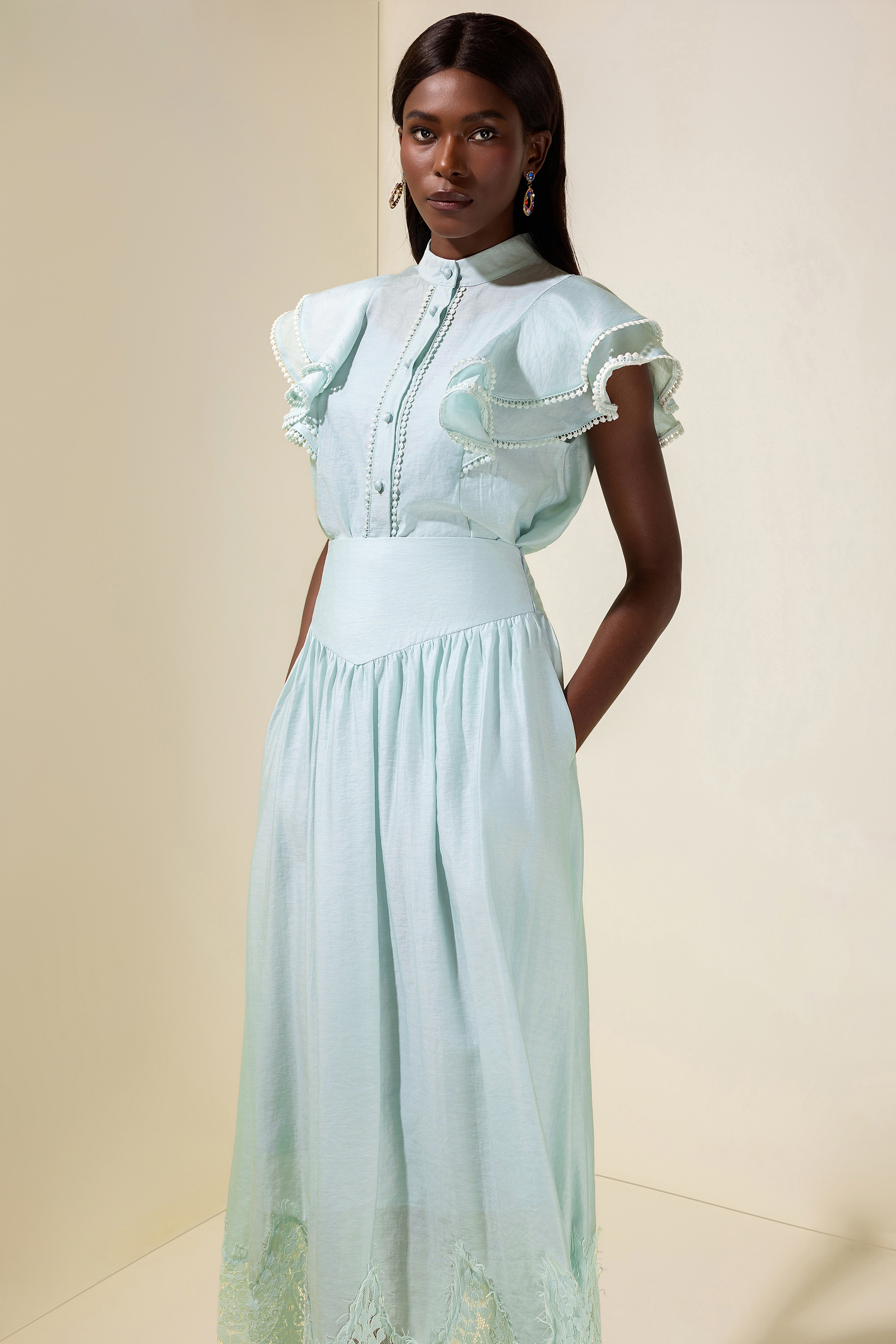 Sleeveless Ruffle Lace Top & Midi Skirt Set