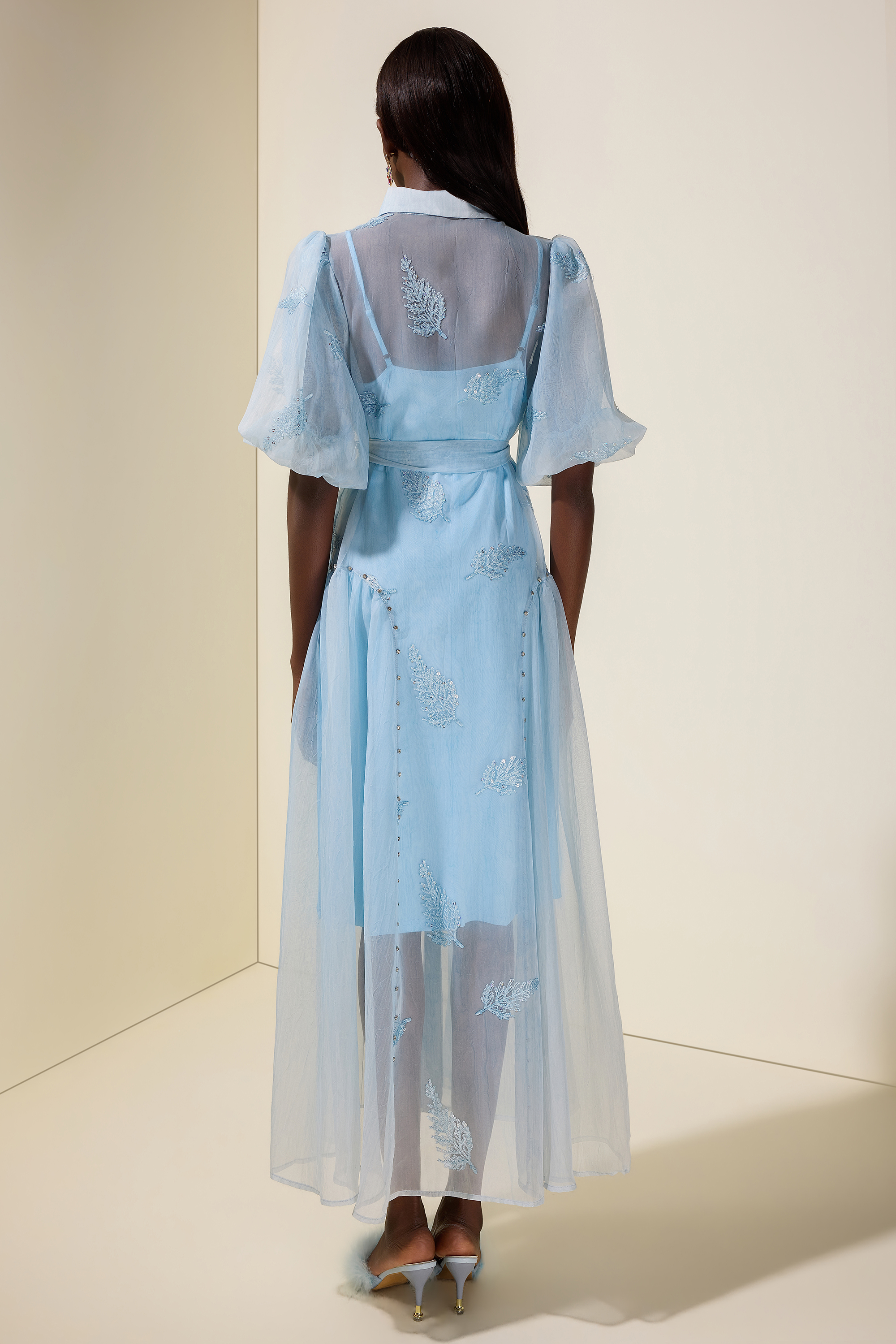 Embroidered Rhinestone Rivets Midi Dress