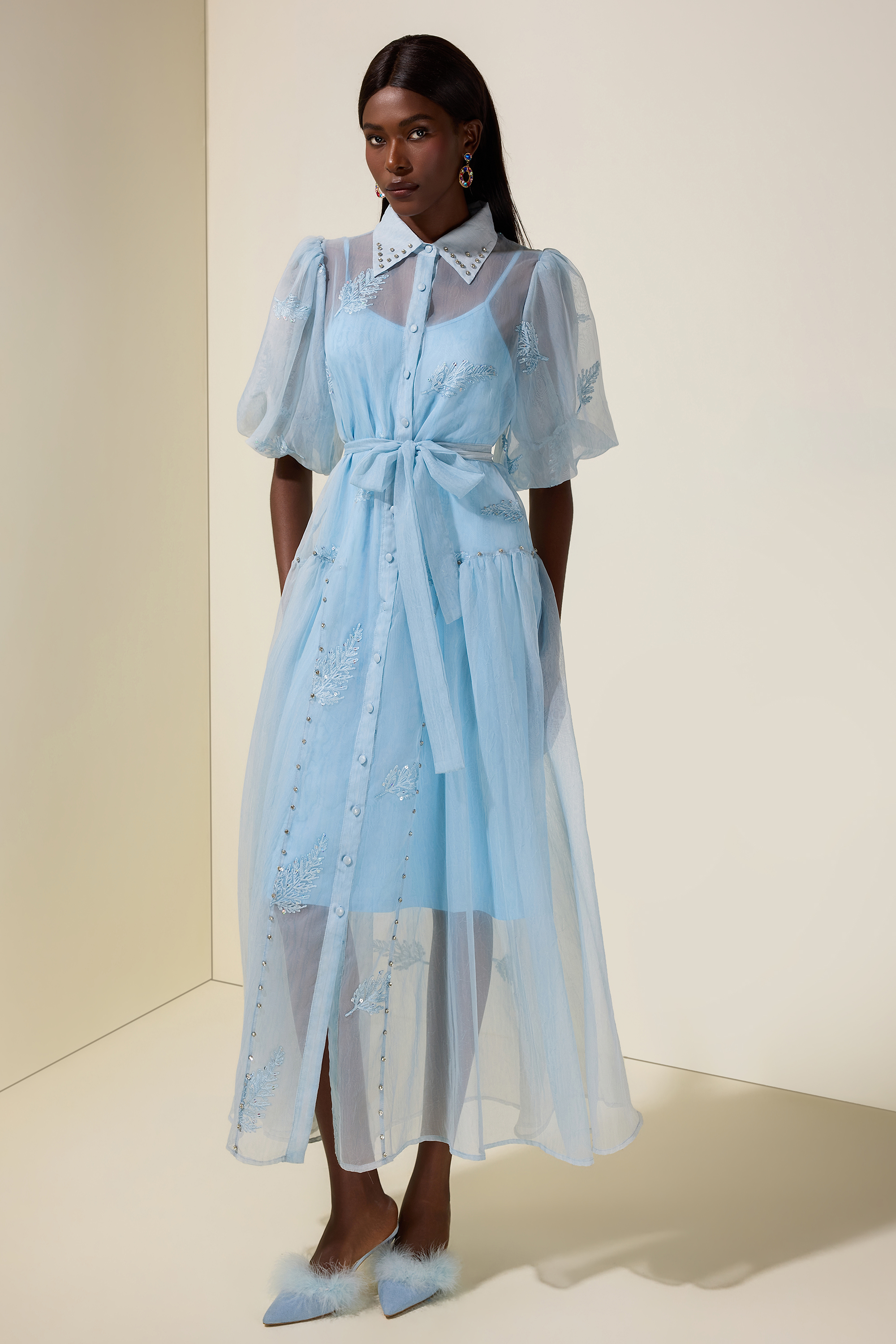 Embroidered Rhinestone Rivets Midi Dress