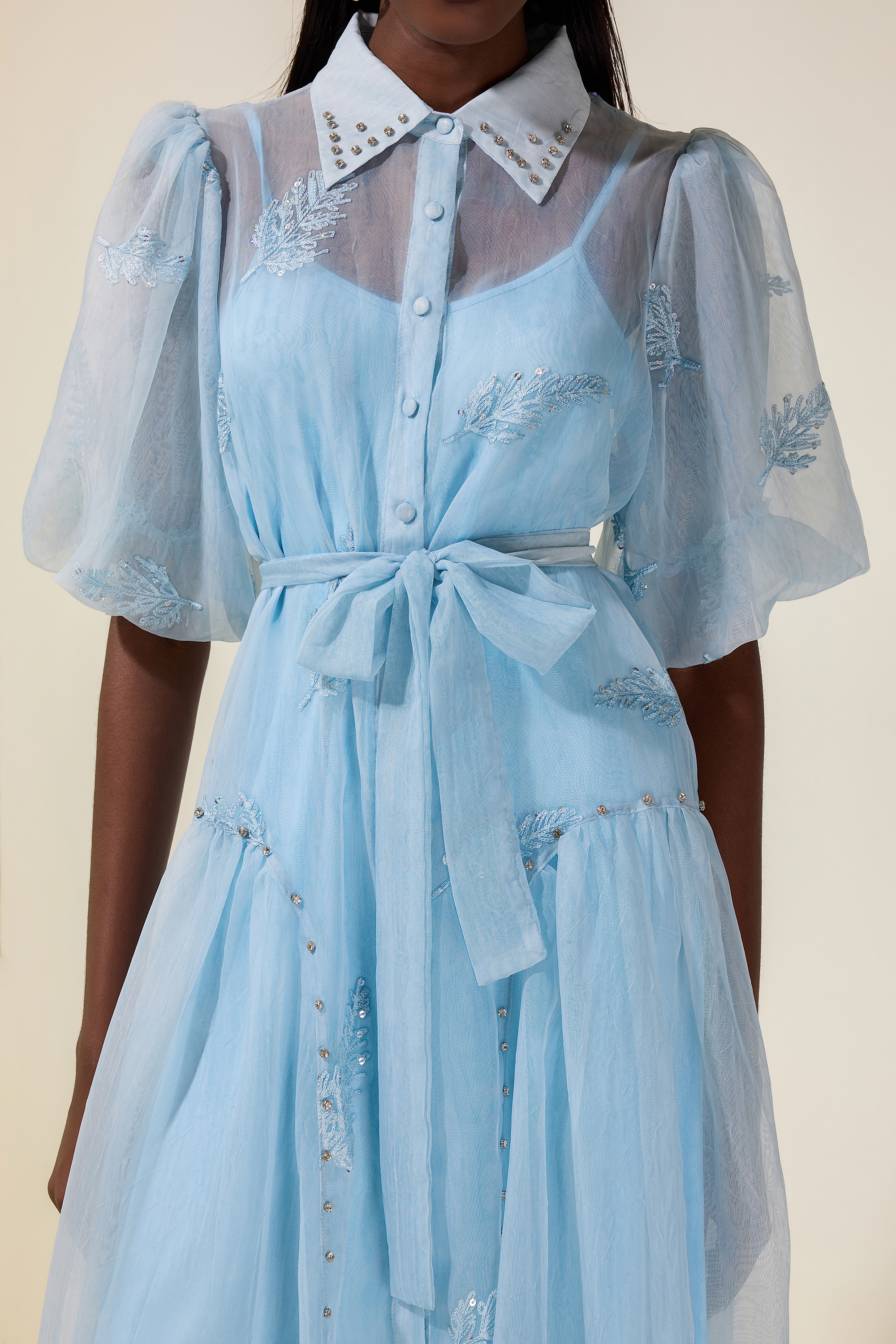 Embroidered Rhinestone Rivets Midi Dress