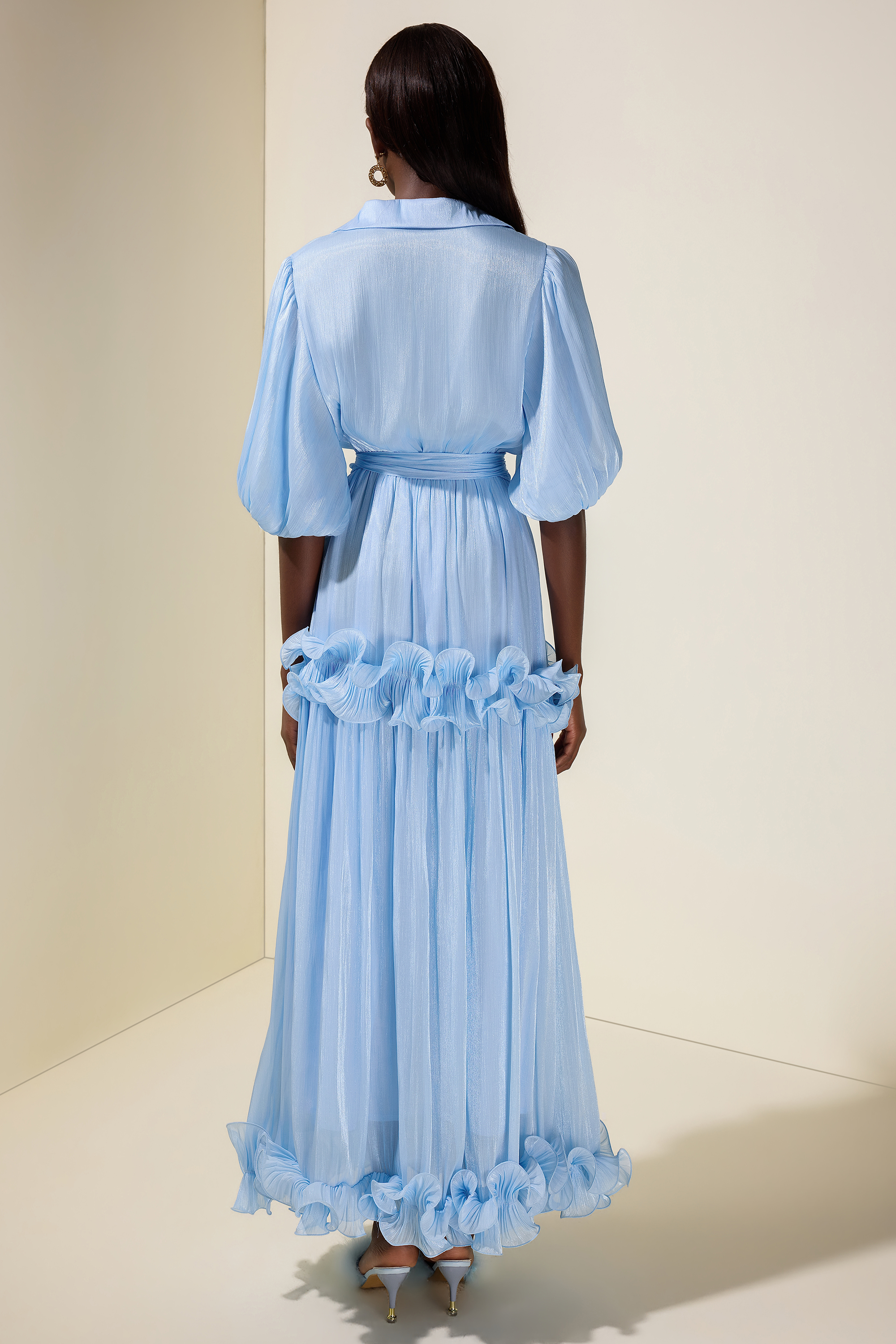 Frill Gathering Puff Sleeve Maxi Dress
