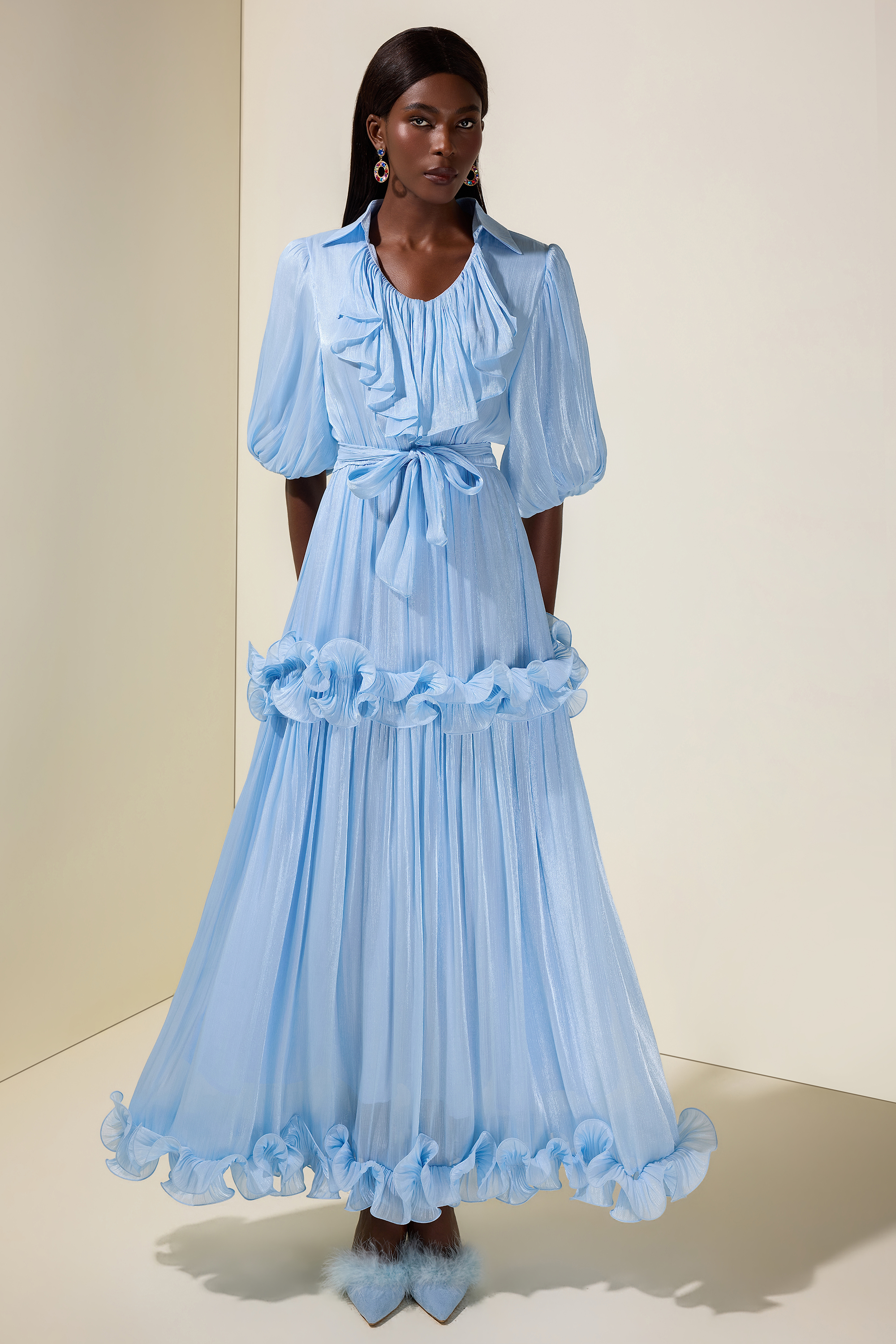 Frill Gathering Puff Sleeve Maxi Dress