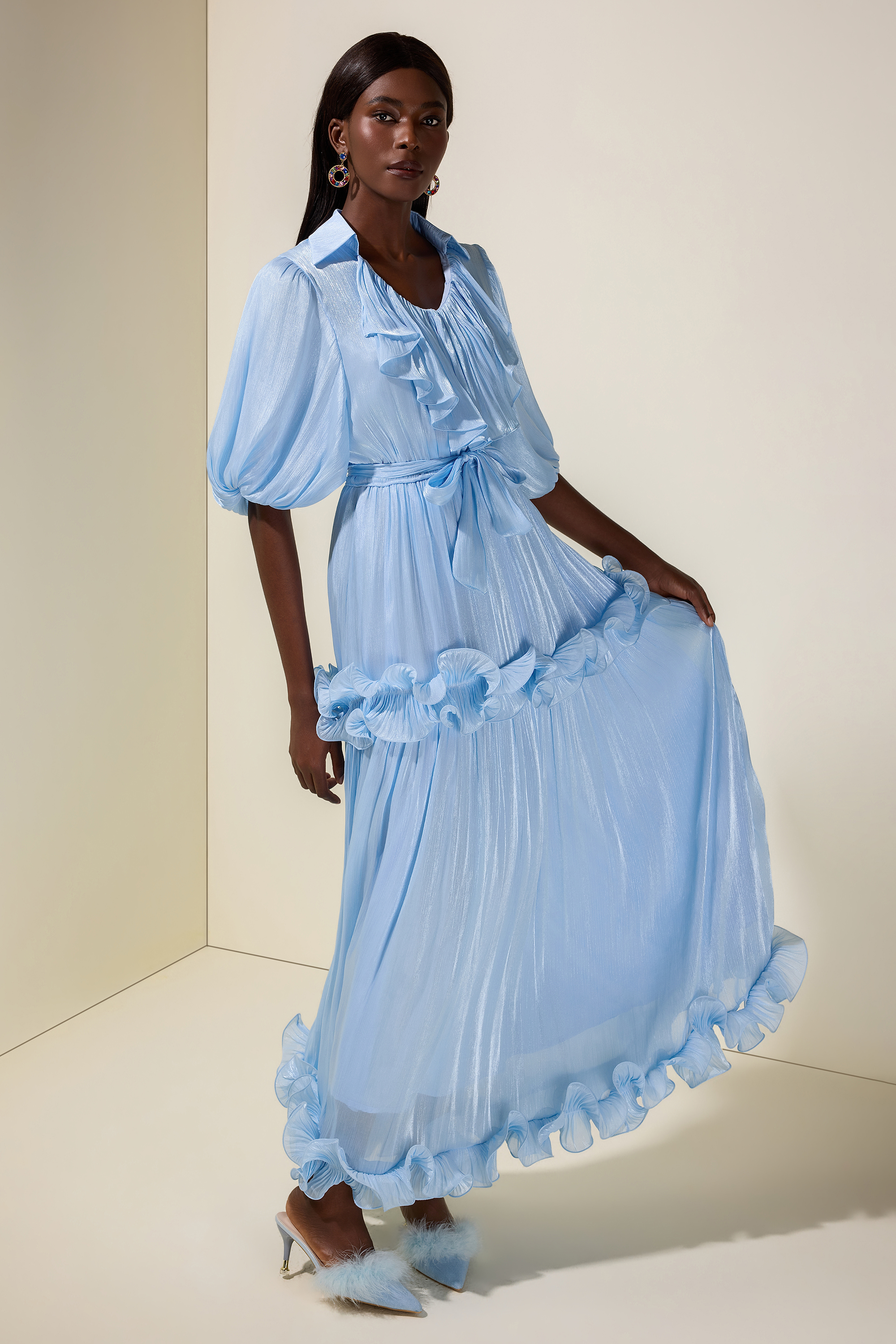 Frill Gathering Puff Sleeve Maxi Dress