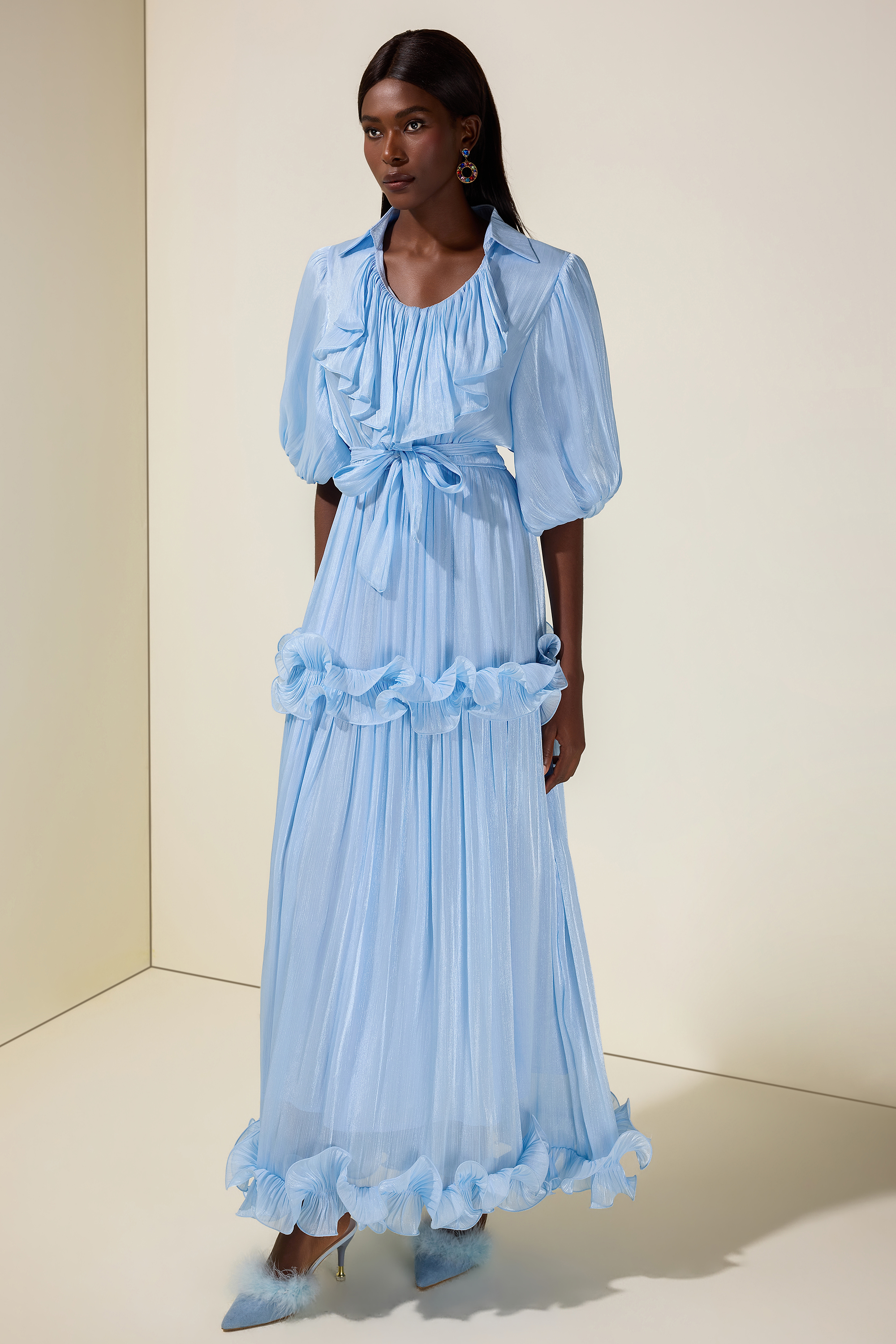 Frill Gathering Puff Sleeve Maxi Dress