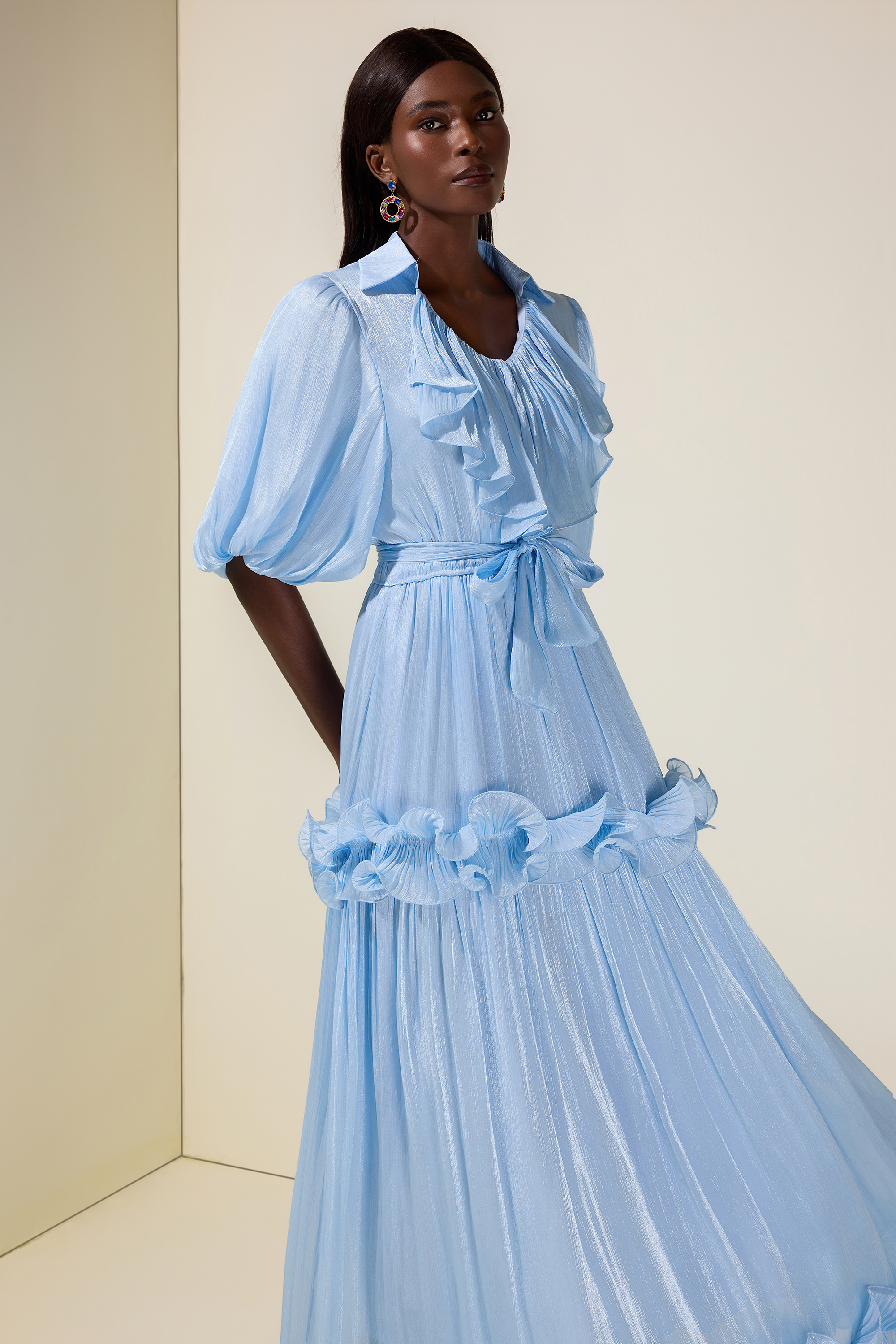 Frill Gathering Puff Sleeve Maxi Dress