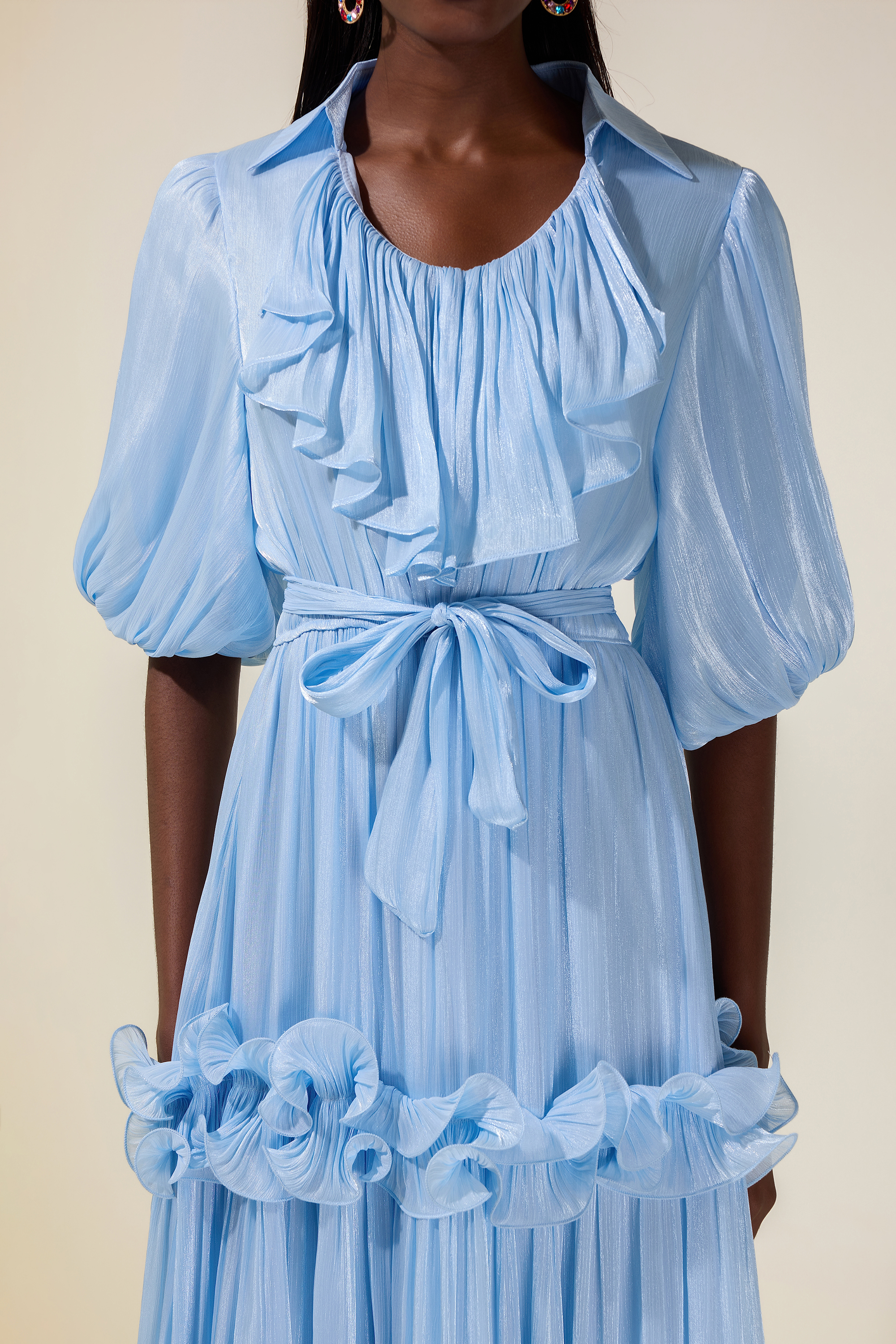 Frill Gathering Puff Sleeve Maxi Dress