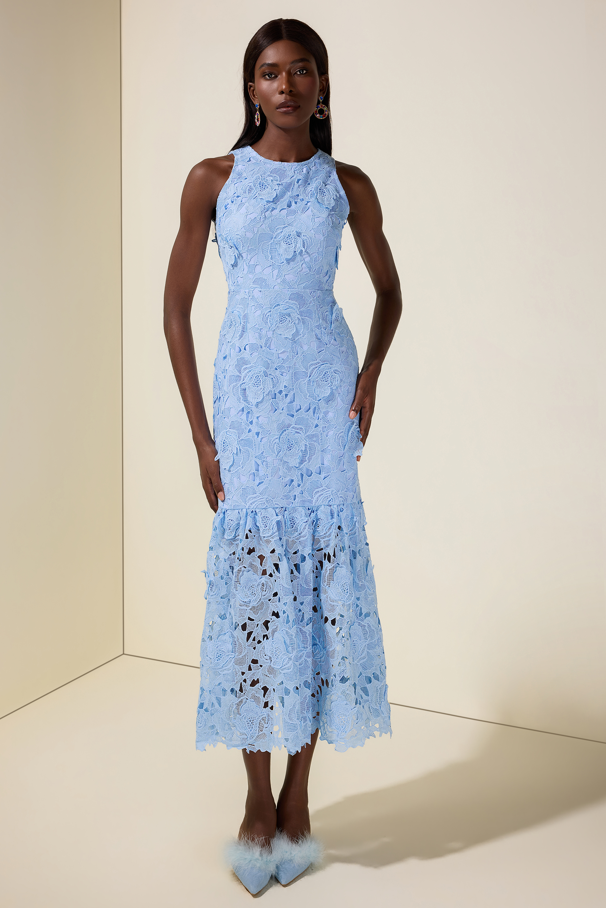 Lace Embroidered Sleeveless Midi Dress