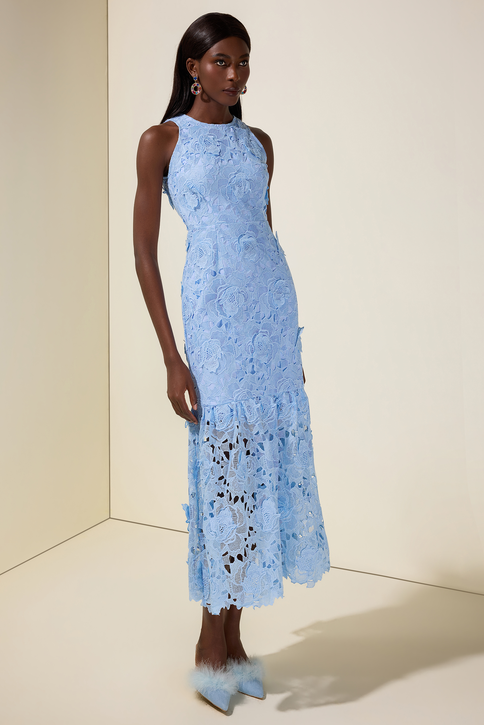 Lace Embroidered Sleeveless Midi Dress