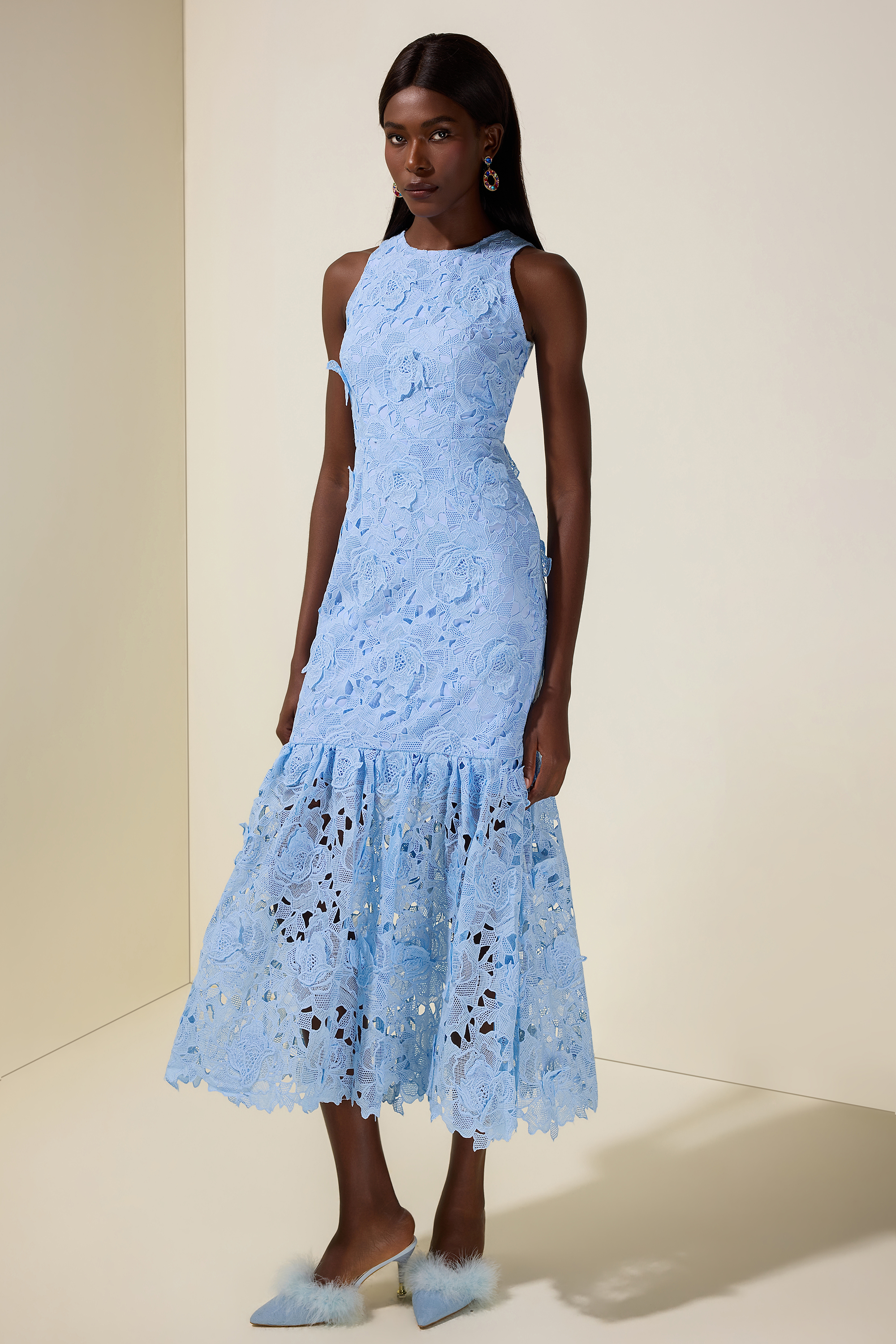 Lace Embroidered Sleeveless Midi Dress
