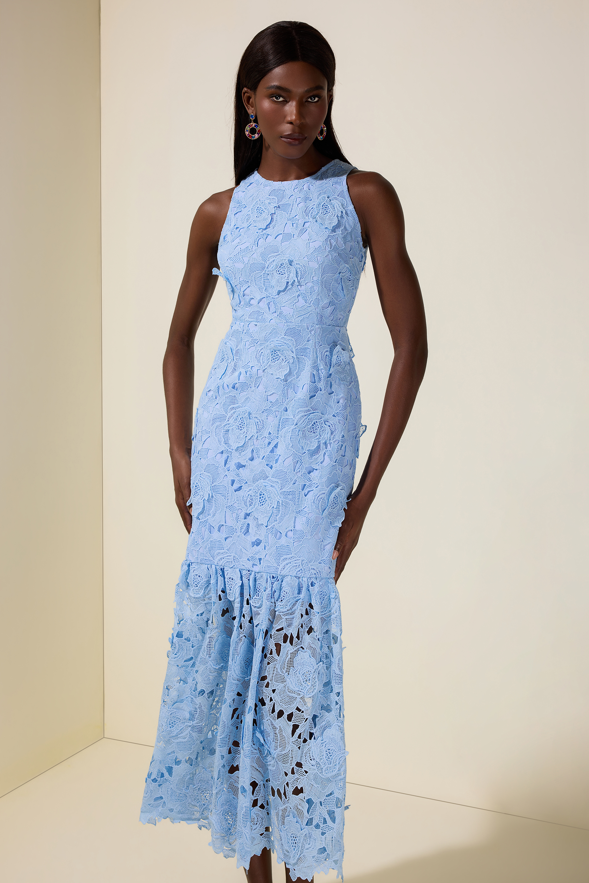 Lace Embroidered Sleeveless Midi Dress