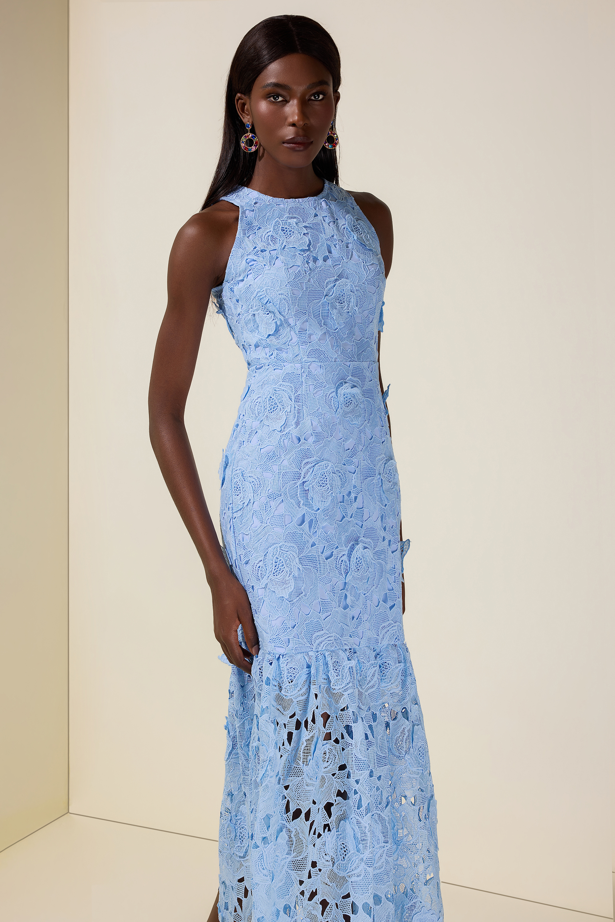 Lace Embroidered Sleeveless Midi Dress