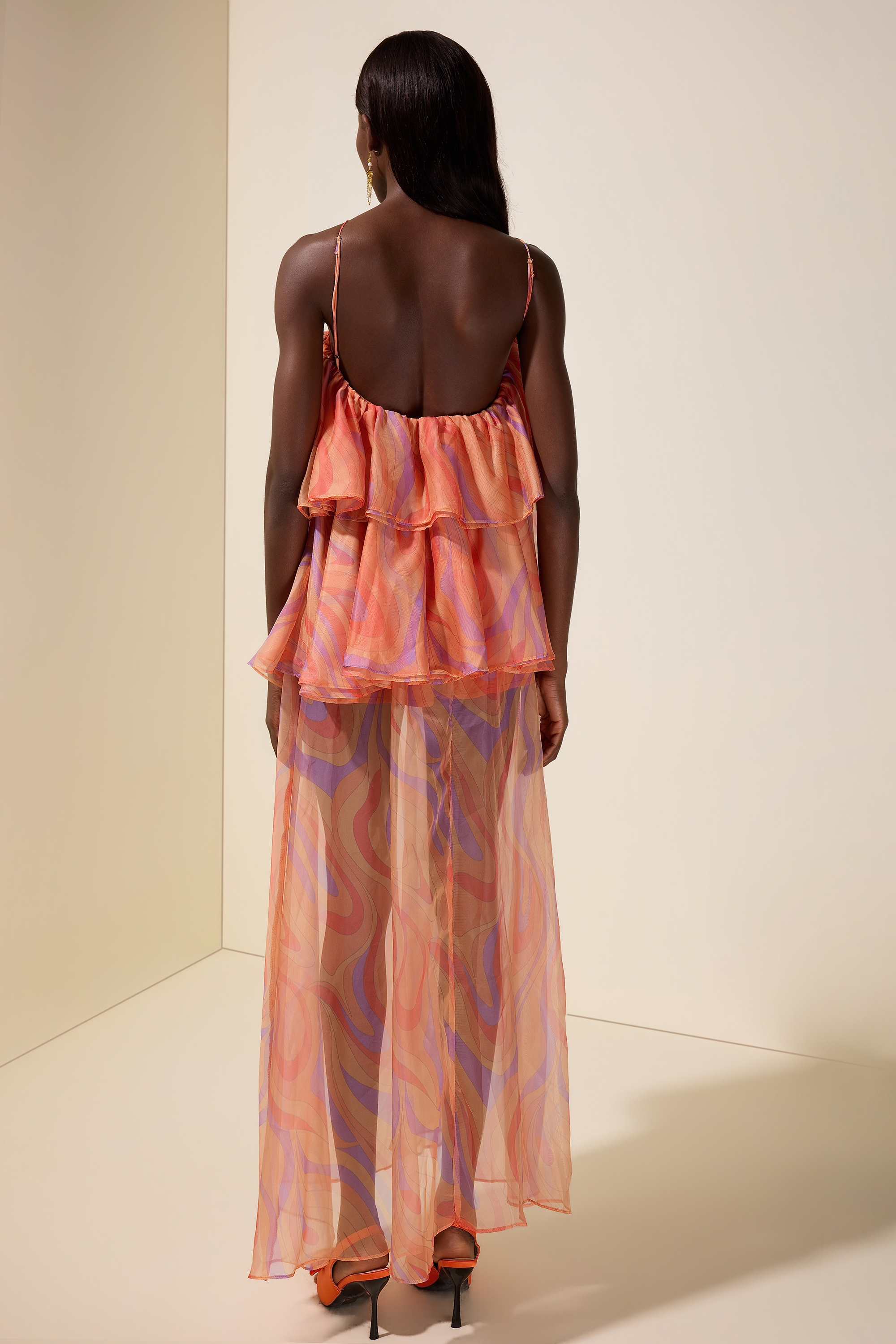 Abstract Print Halter Neck Ruffle Maxi Dress