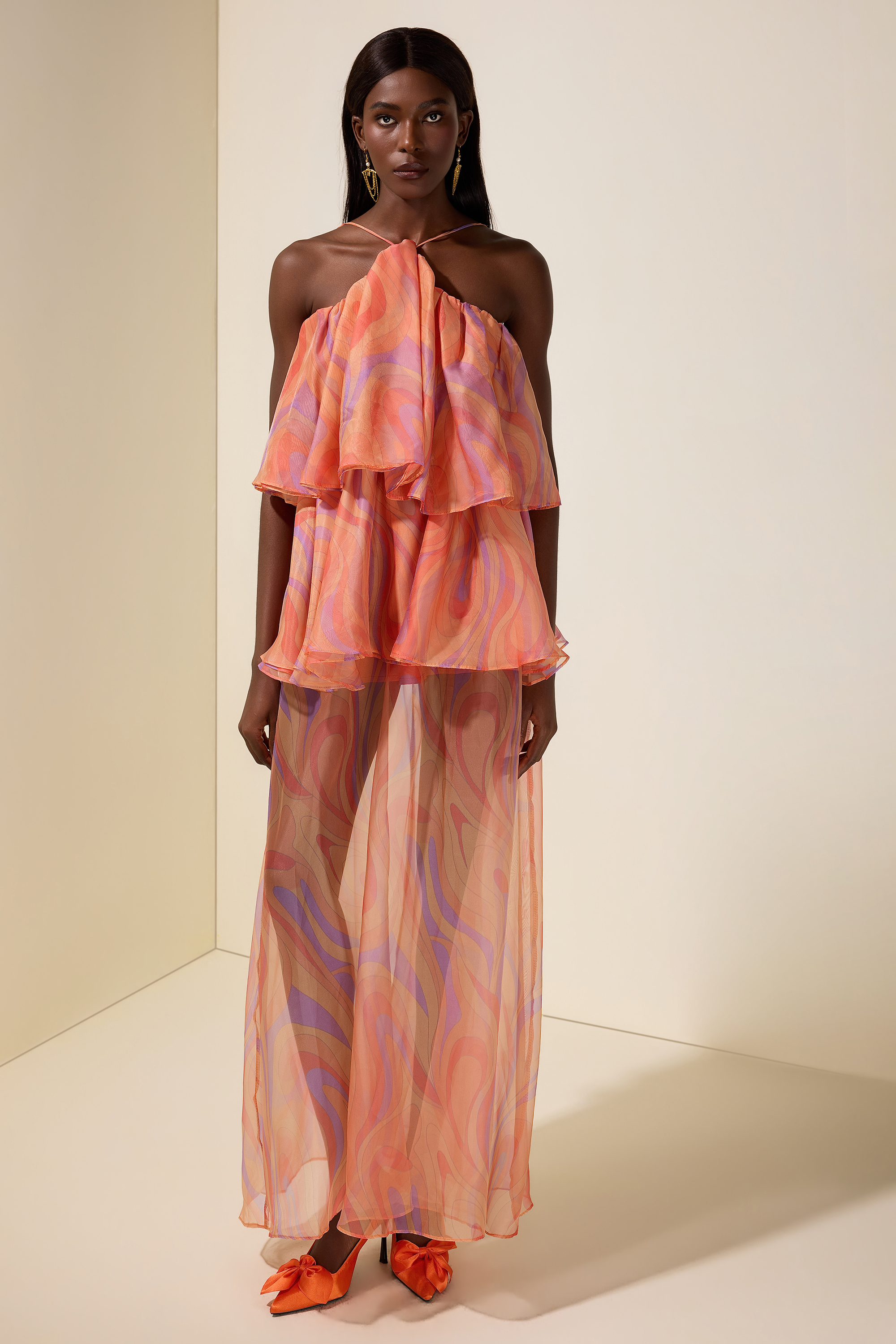 Abstract Print Halter Neck Ruffle Maxi Dress