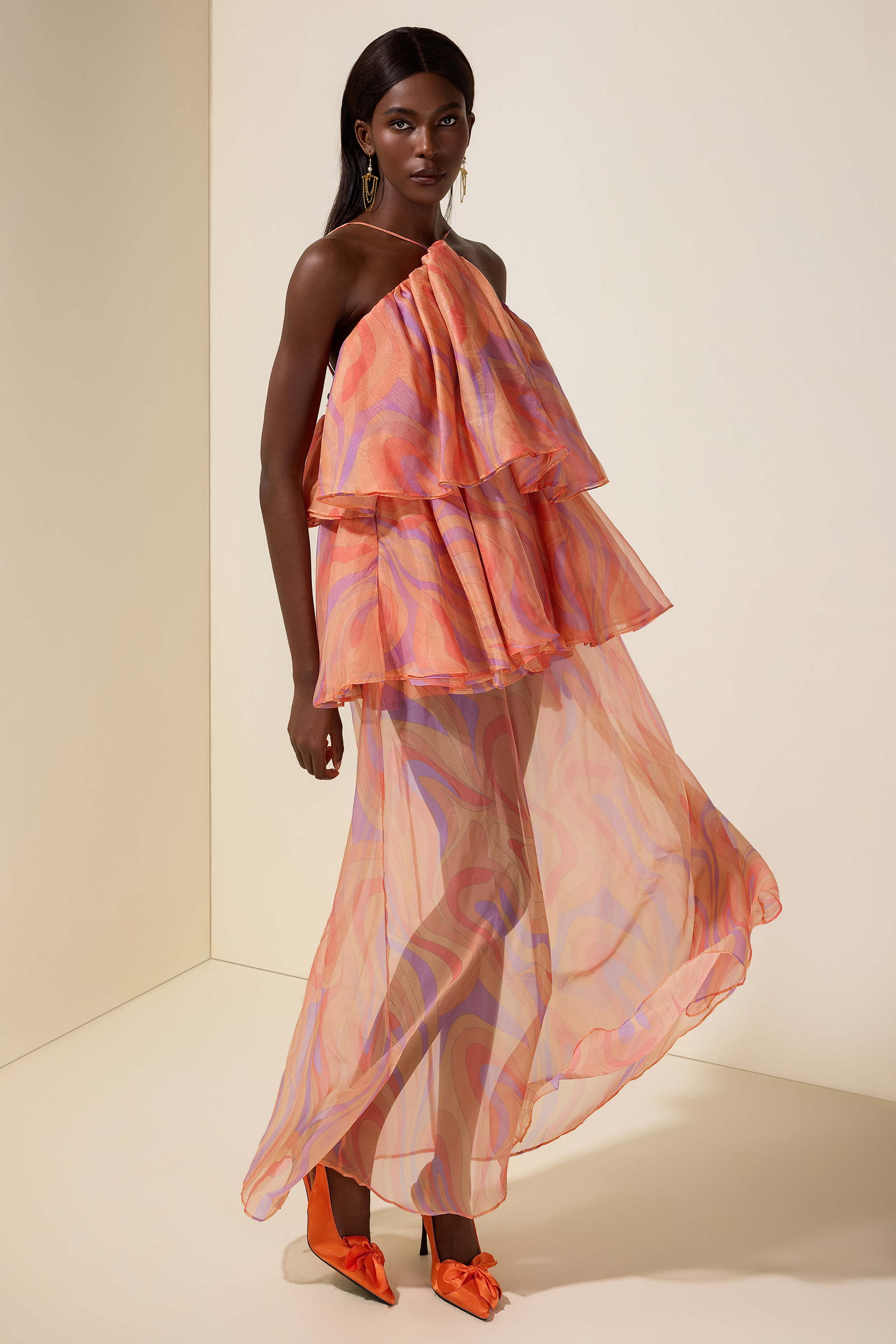 Abstract Print Halter Neck Ruffle Maxi Dress