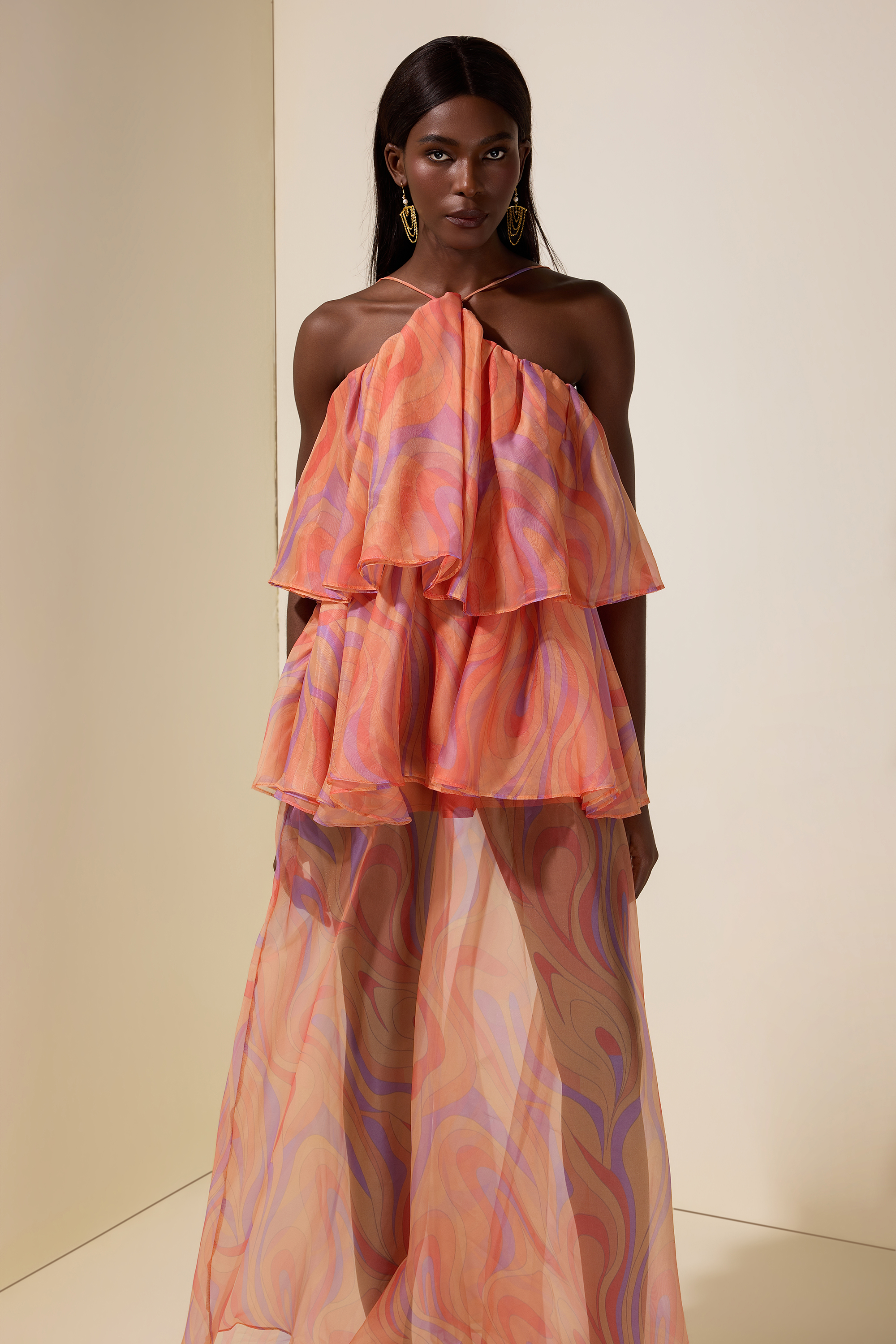 Abstract Print Halter Neck Ruffle Maxi Dress