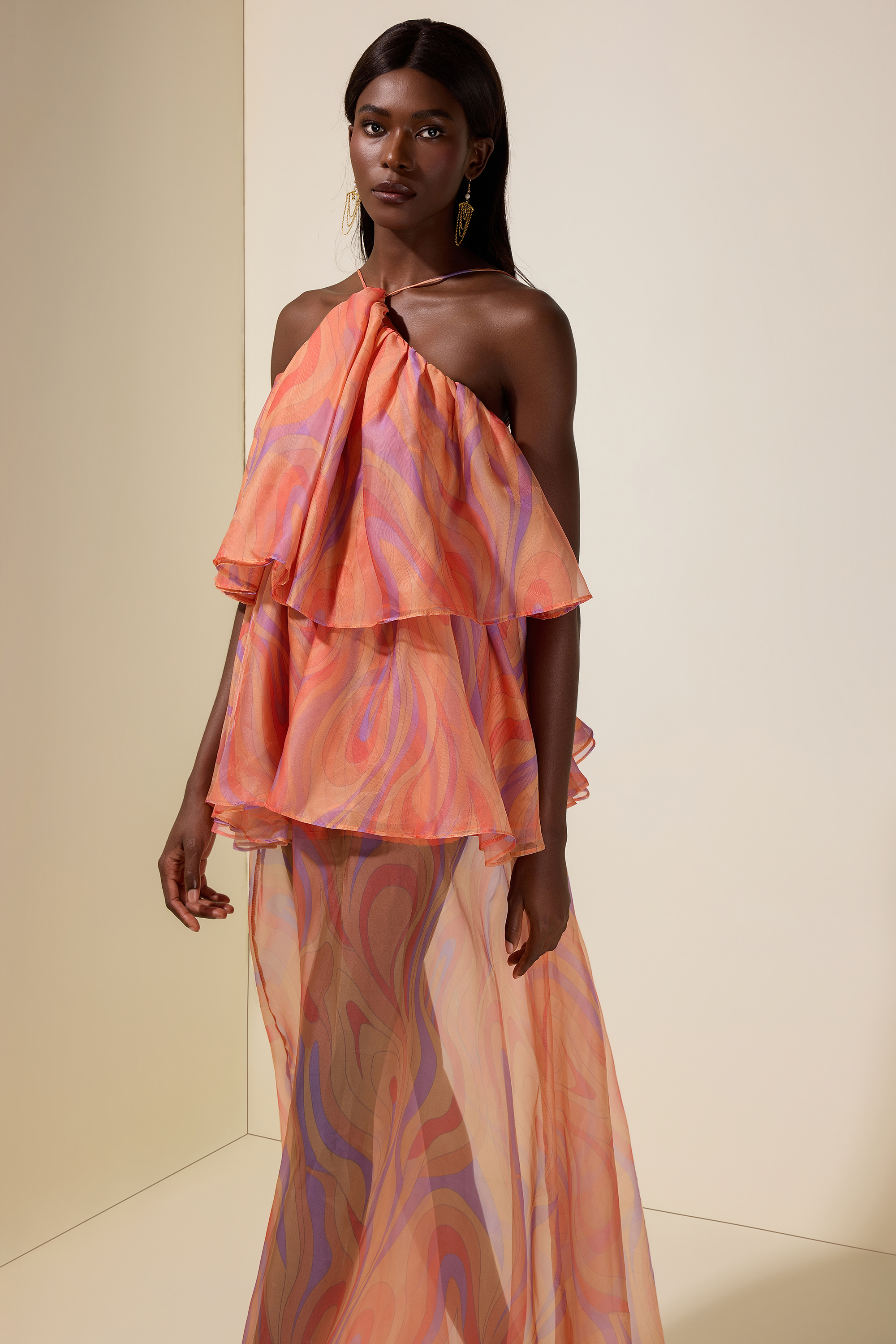 Abstract Print Halter Neck Ruffle Maxi Dress