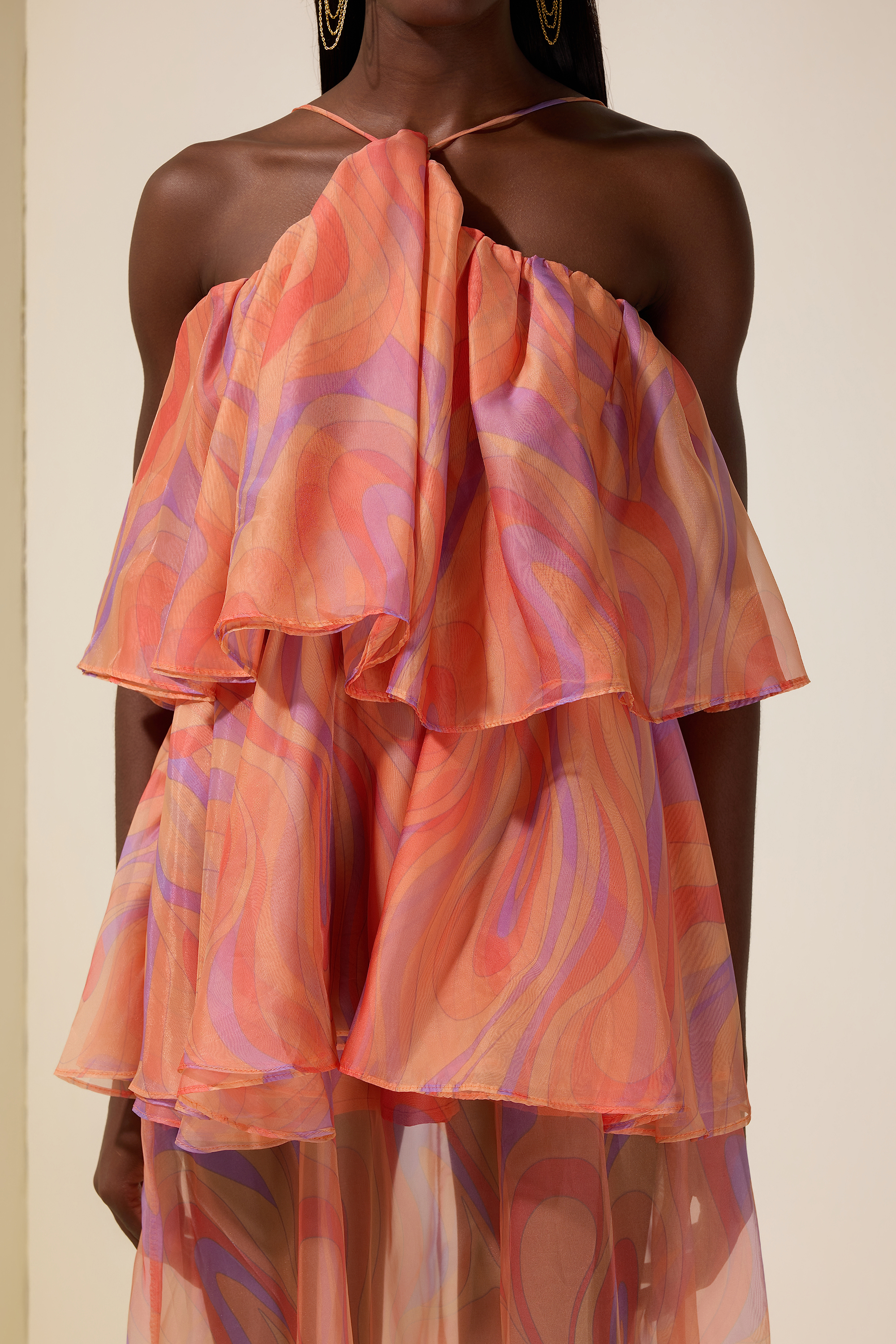 Abstract Print Halter Neck Ruffle Maxi Dress