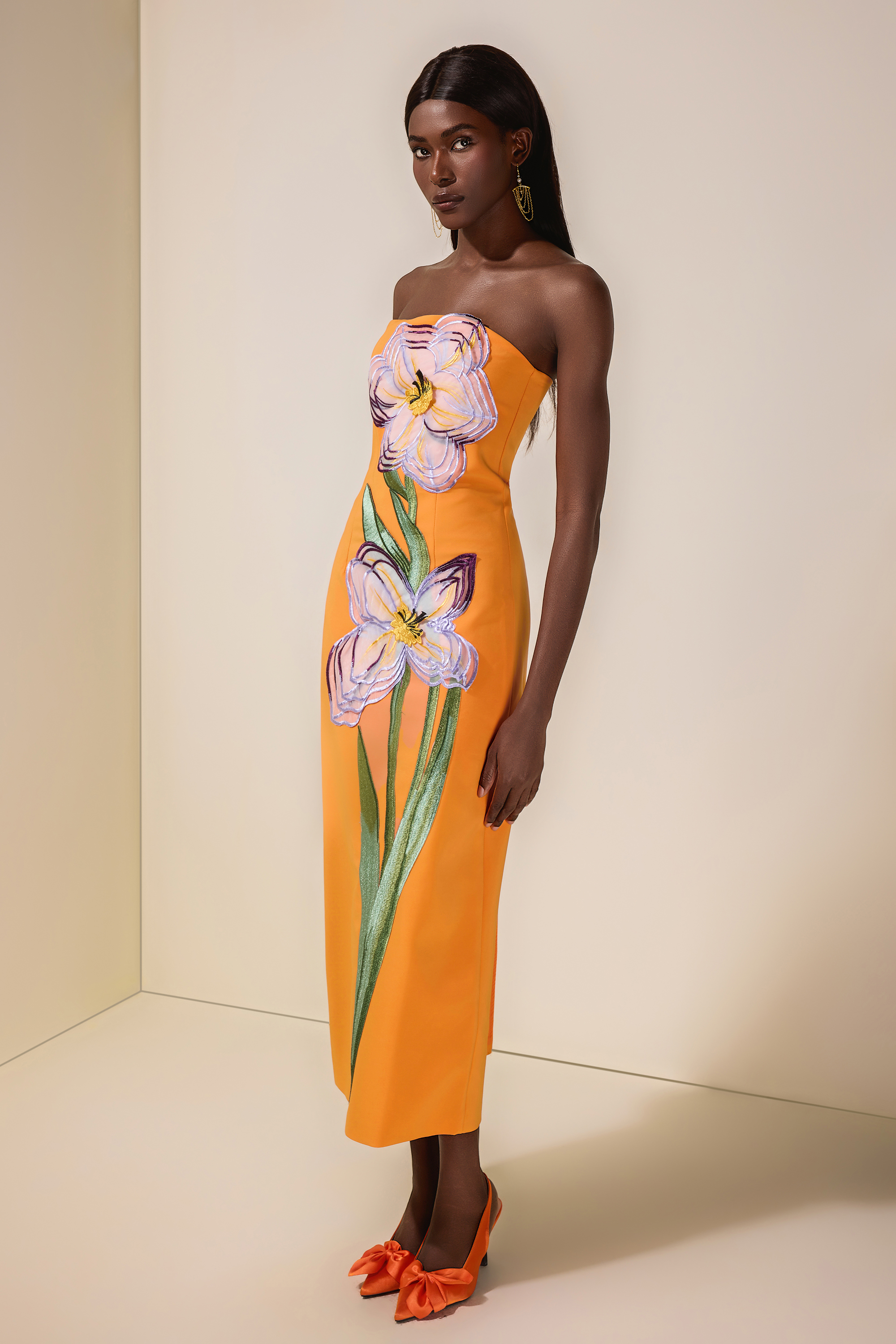 Appliquéd Off-Shoulder Sleeveless Midi Dress
