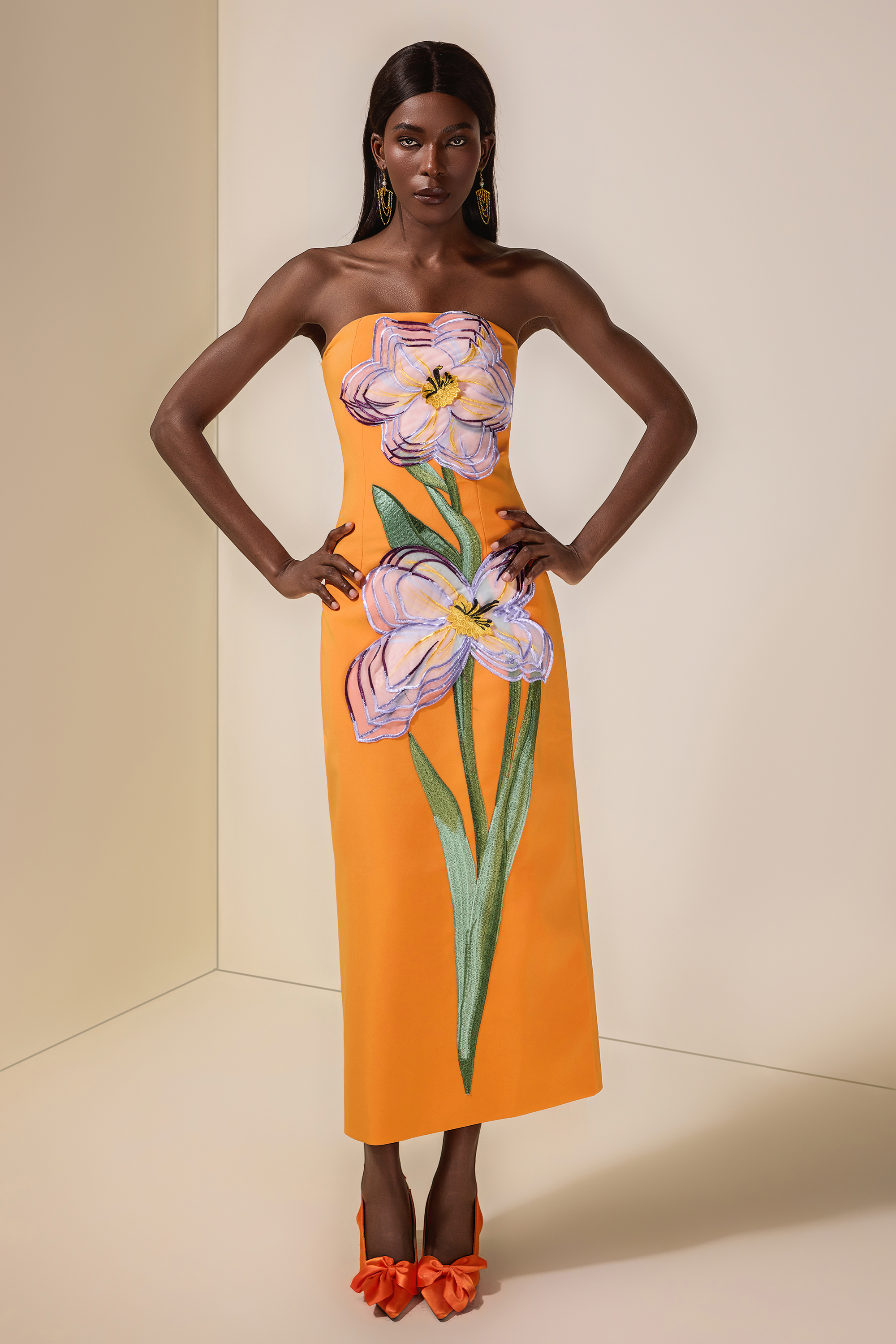 Appliquéd Off-Shoulder Sleeveless Midi Dress