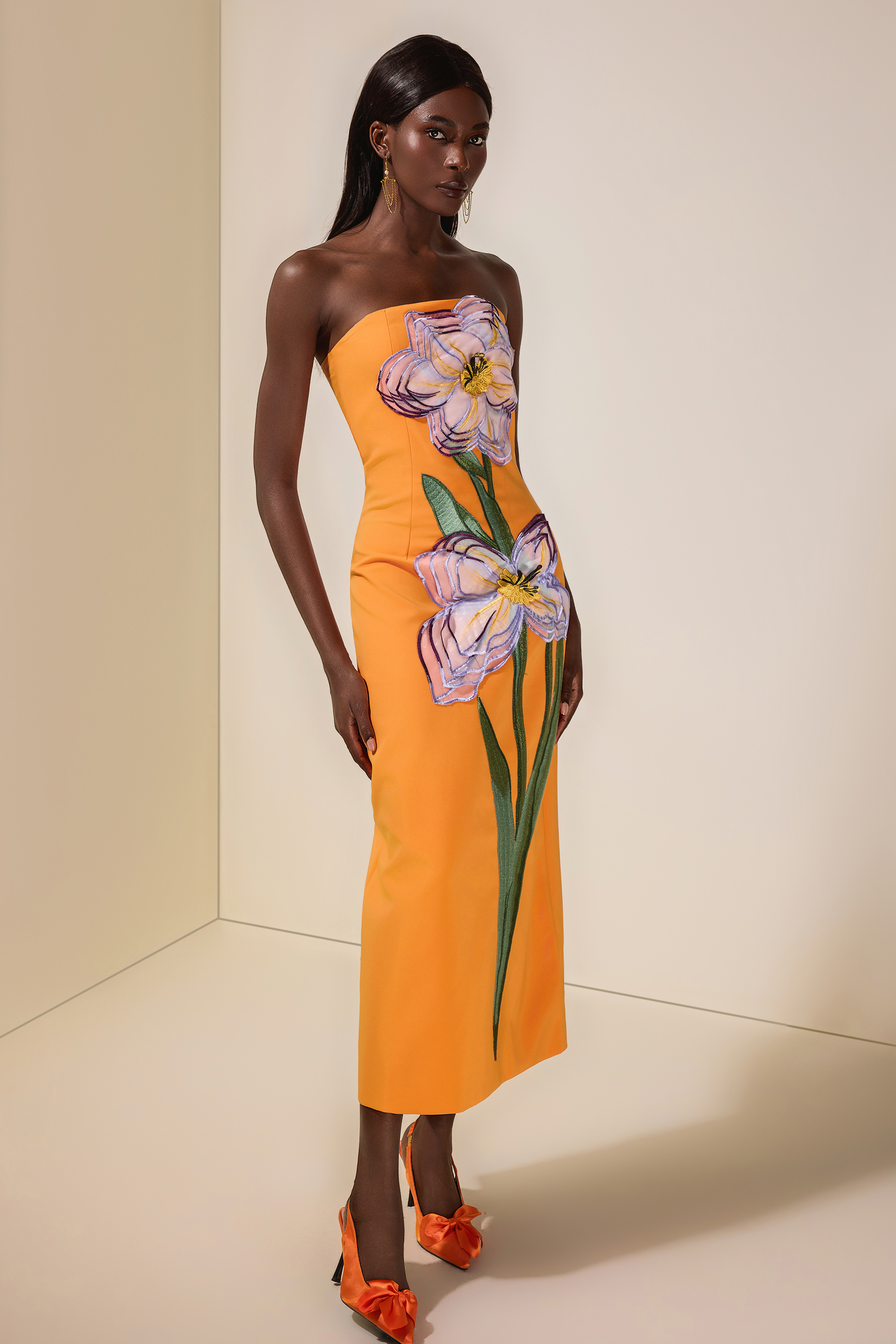 Appliquéd Off-Shoulder Sleeveless Midi Dress