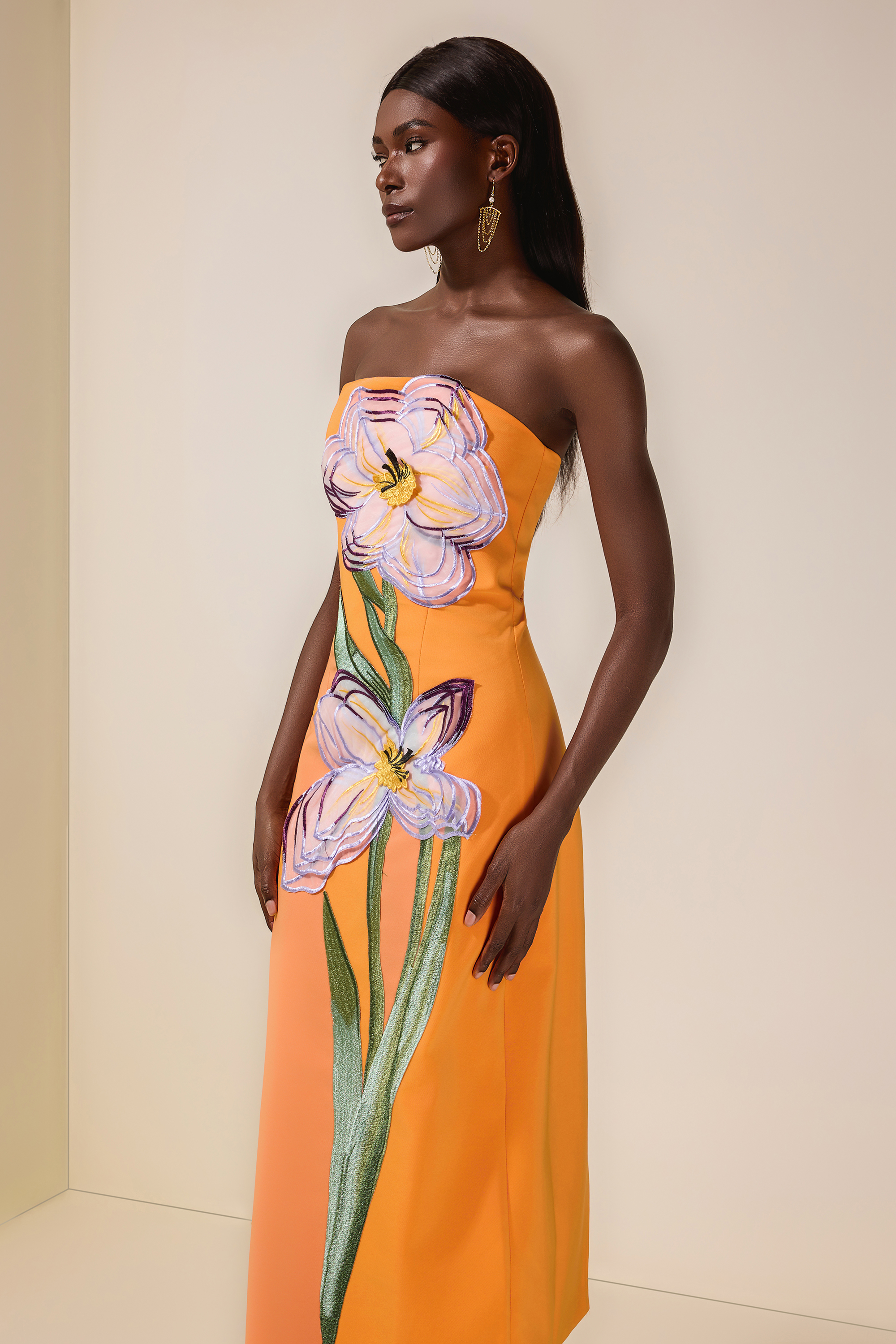 Appliquéd Off-Shoulder Sleeveless Midi Dress