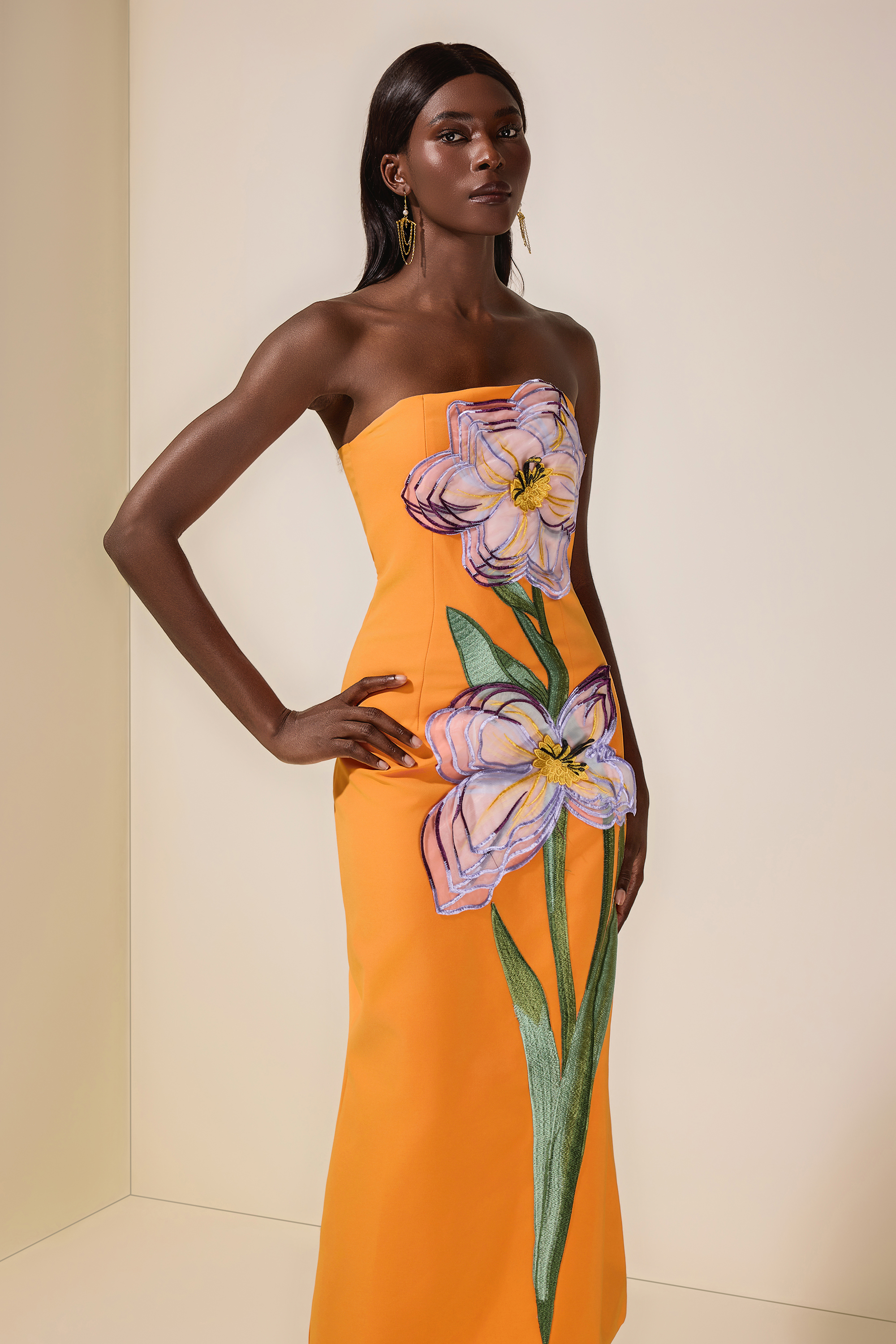 Appliquéd Off-Shoulder Sleeveless Midi Dress