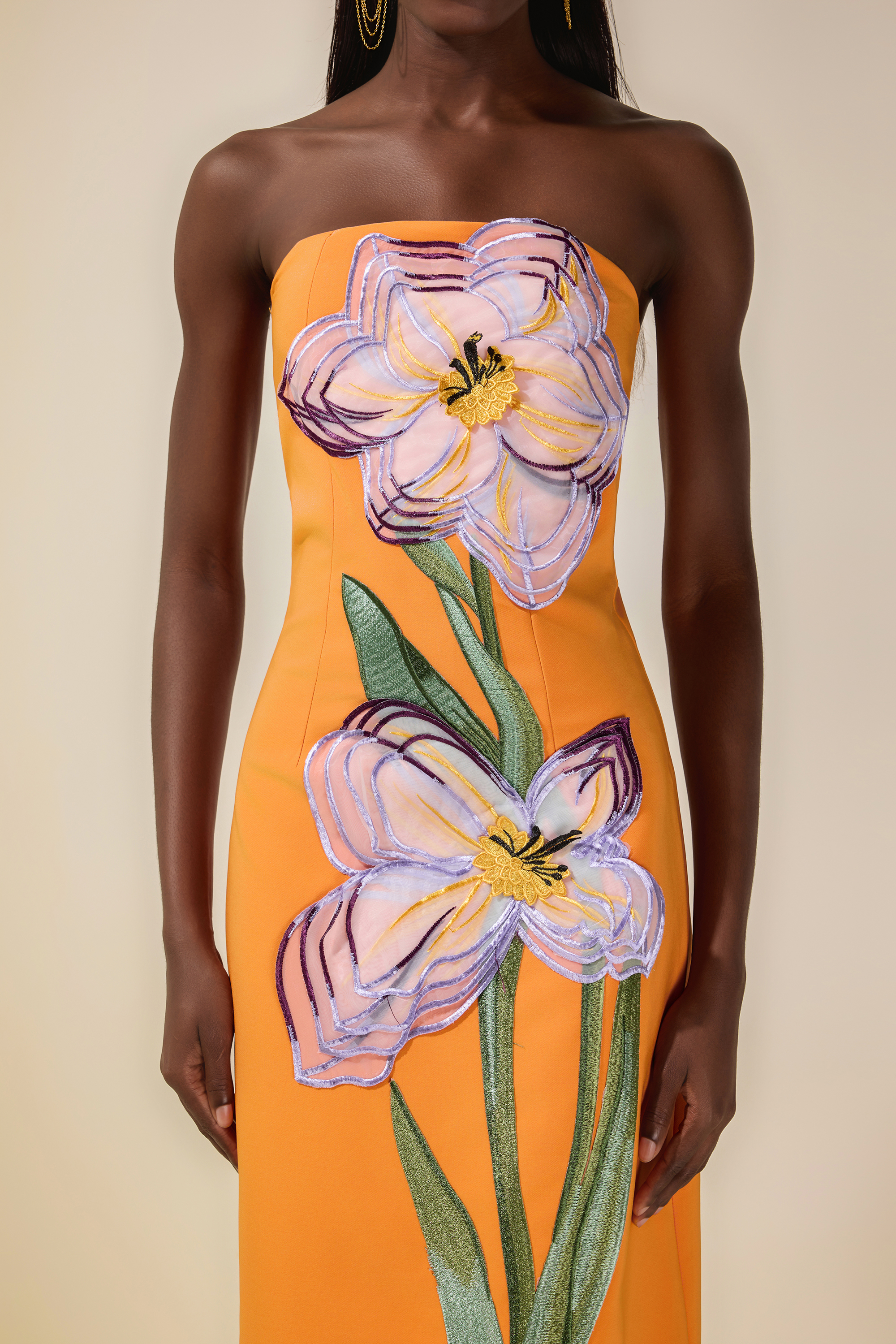 Appliquéd Off-Shoulder Sleeveless Midi Dress