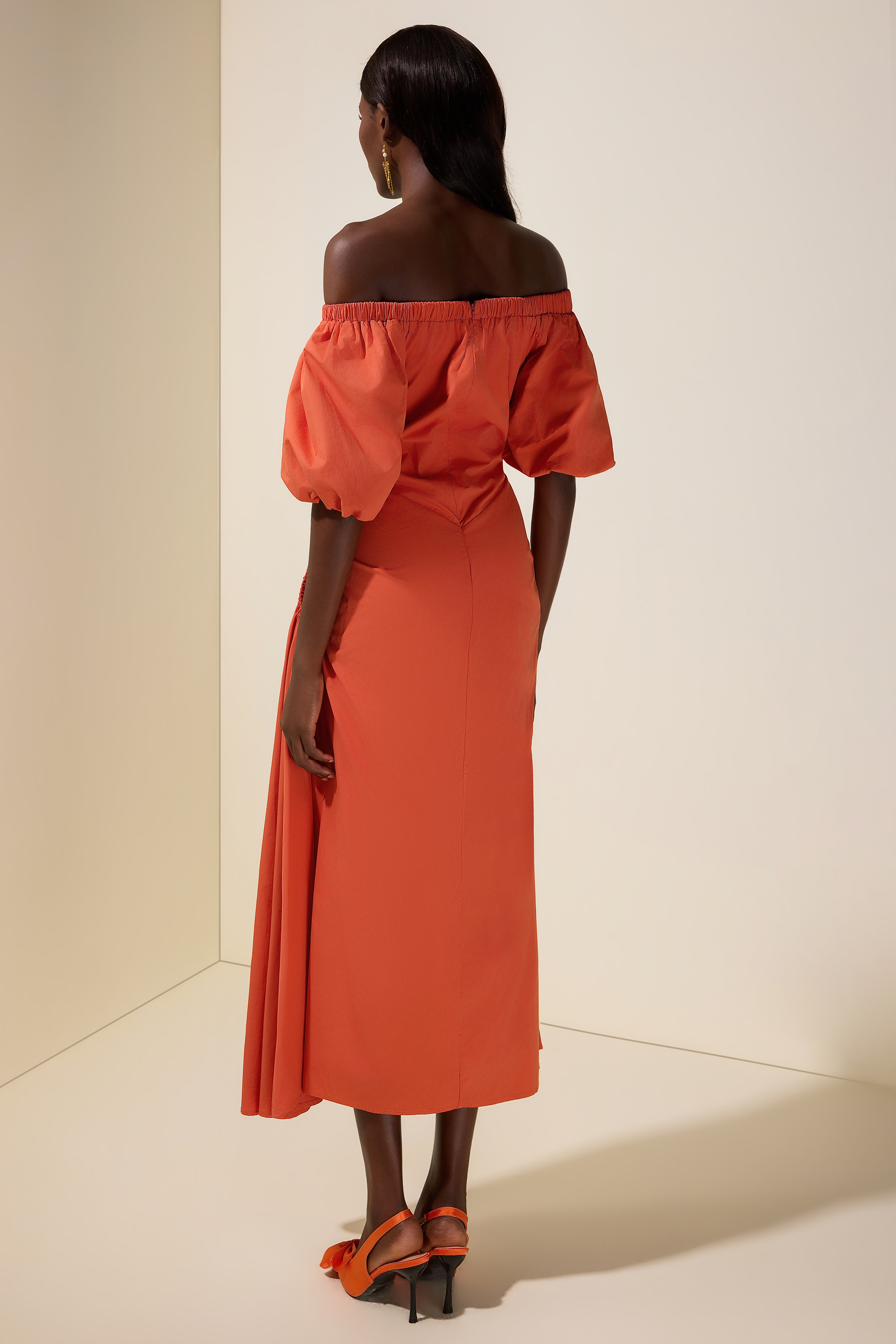 Gathering Pocket Off Shoulder Midi Dress