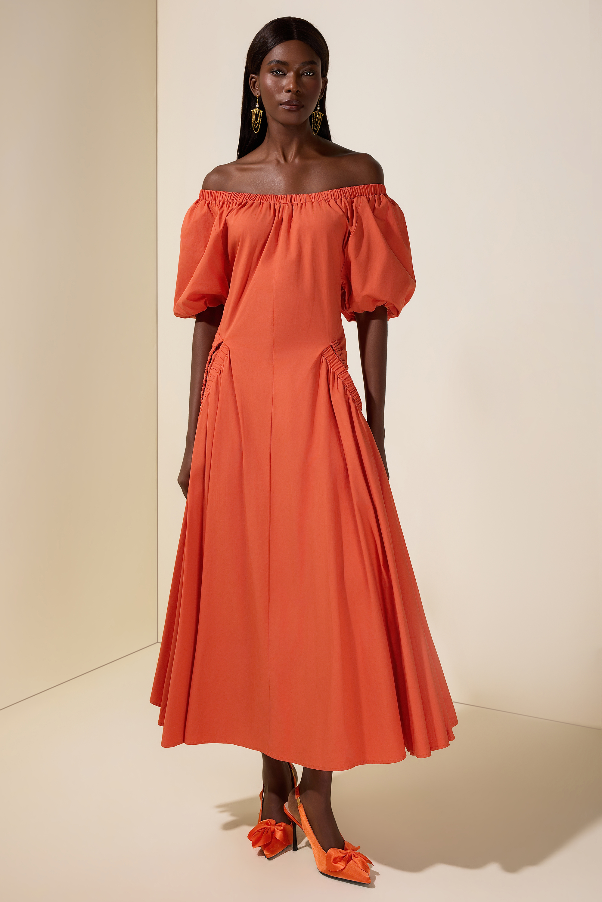 Gathering Pocket Off Shoulder Midi Dress