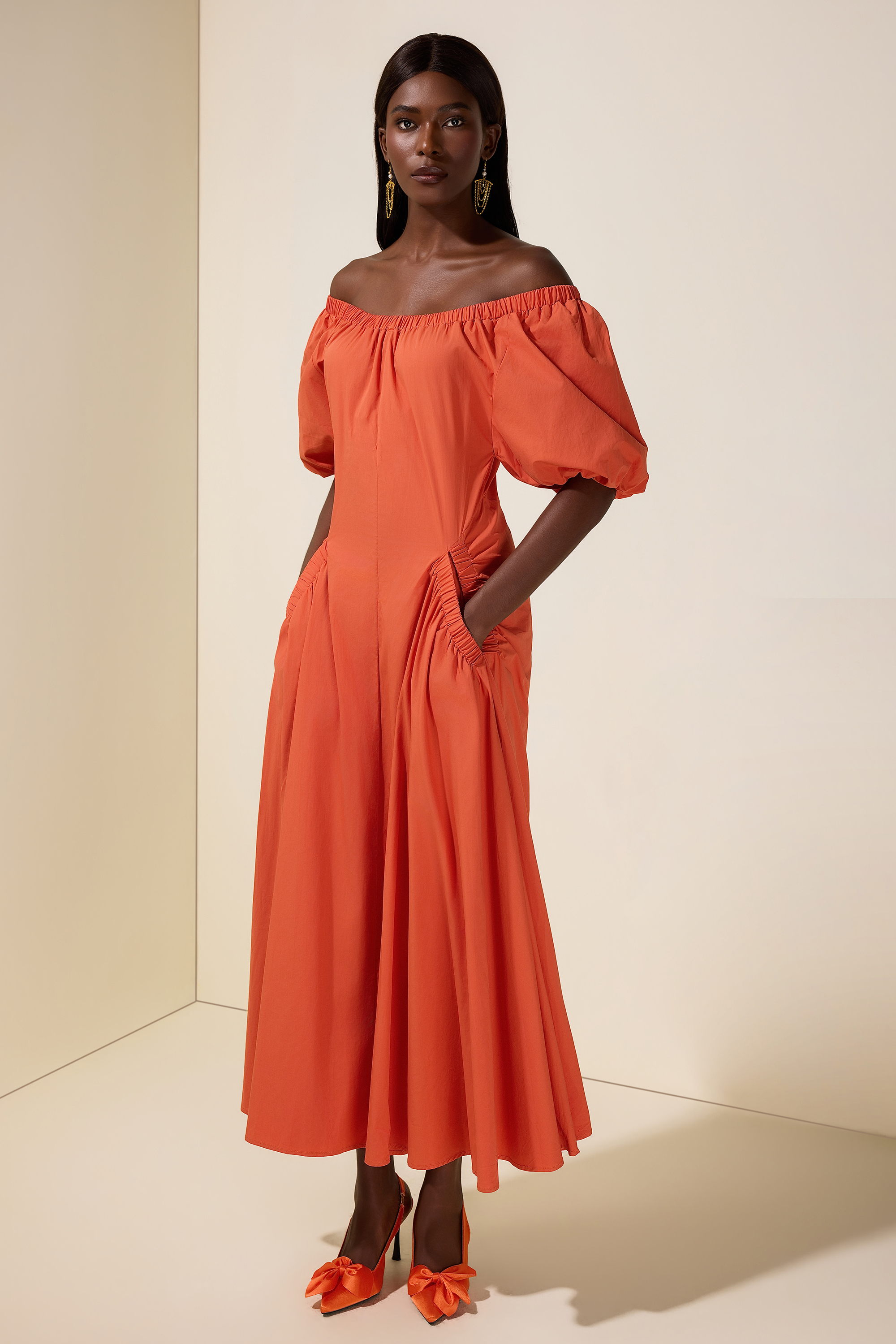 Gathering Pocket Off Shoulder Midi Dress