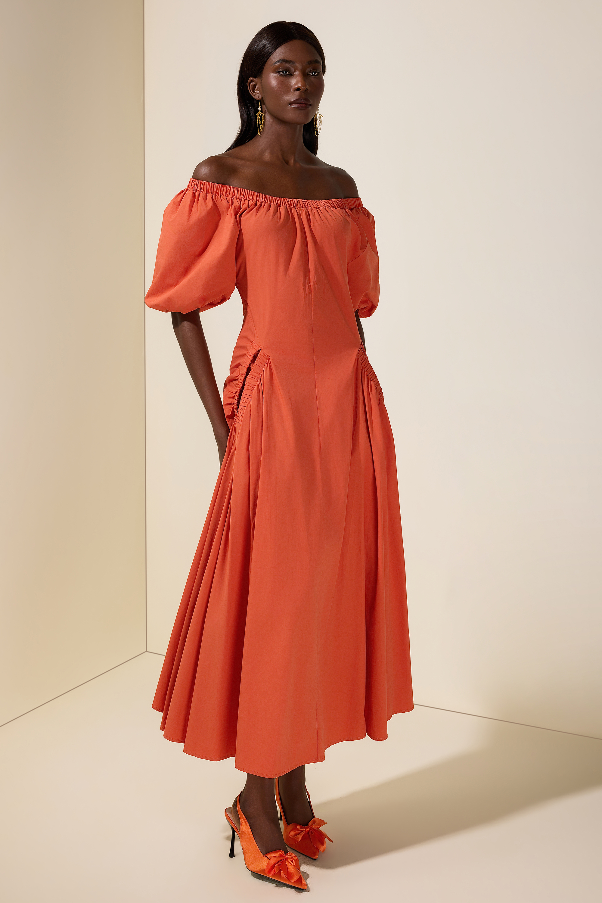 Gathering Pocket Off Shoulder Midi Dress