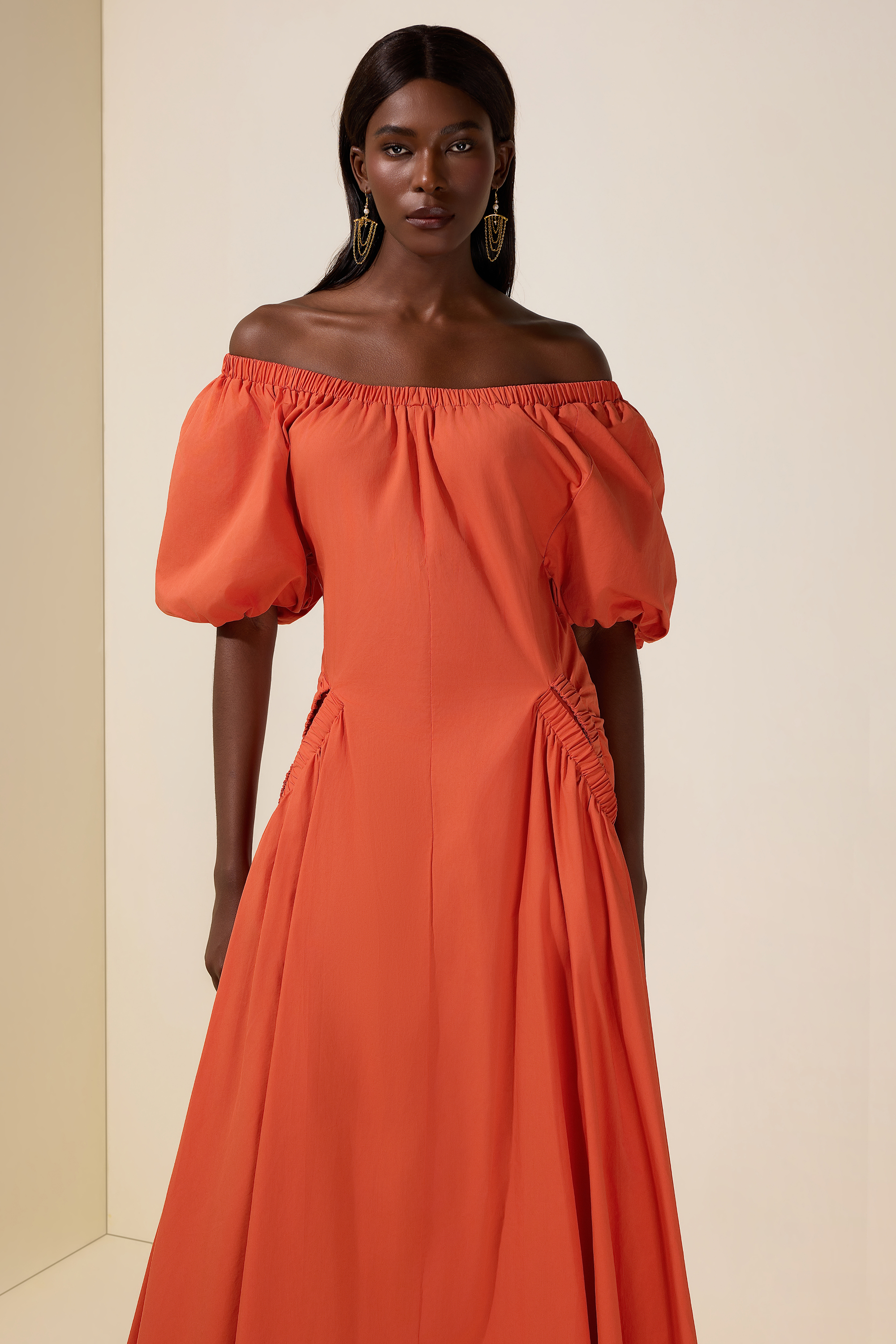 Gathering Pocket Off Shoulder Midi Dress