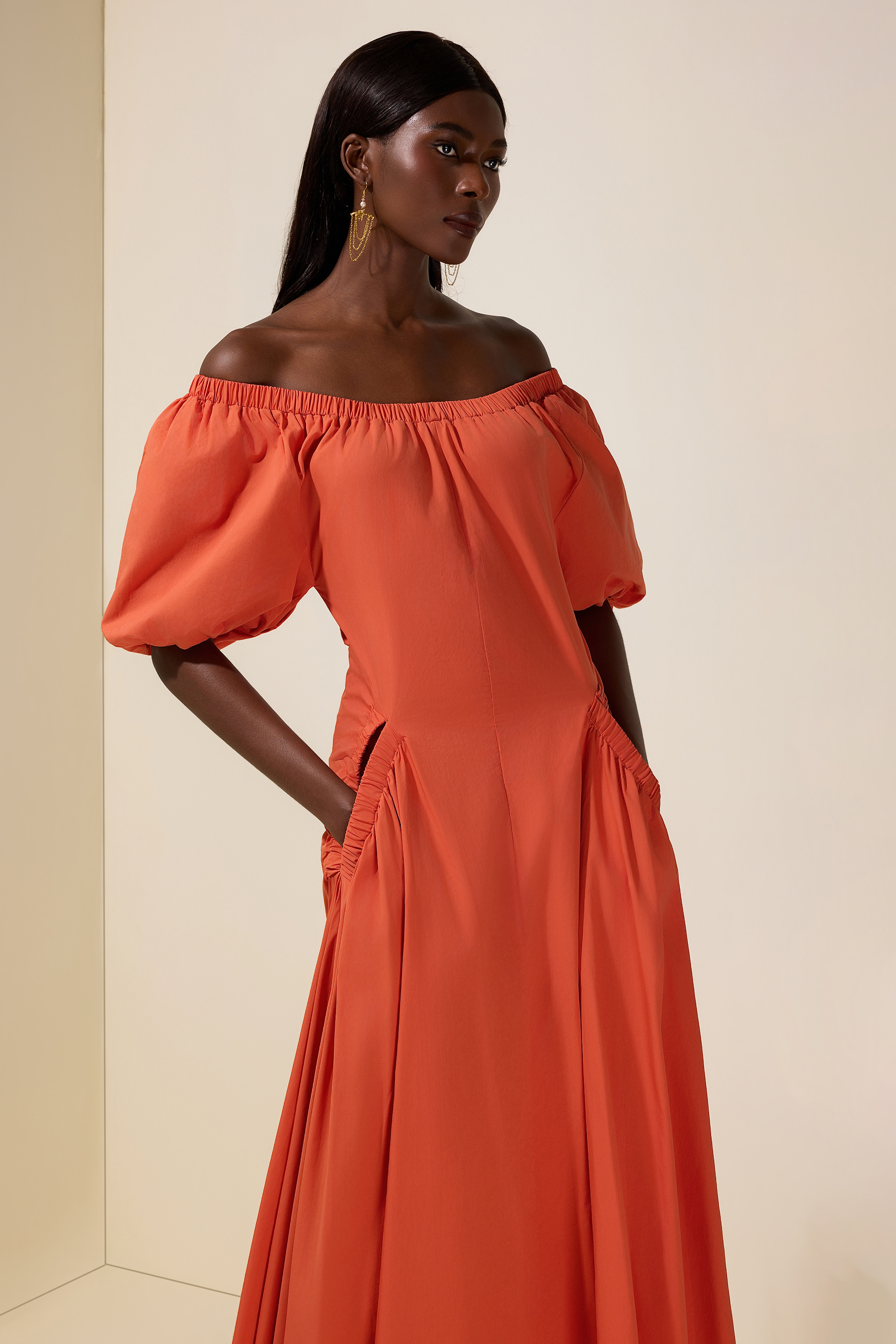 Gathering Pocket Off Shoulder Midi Dress