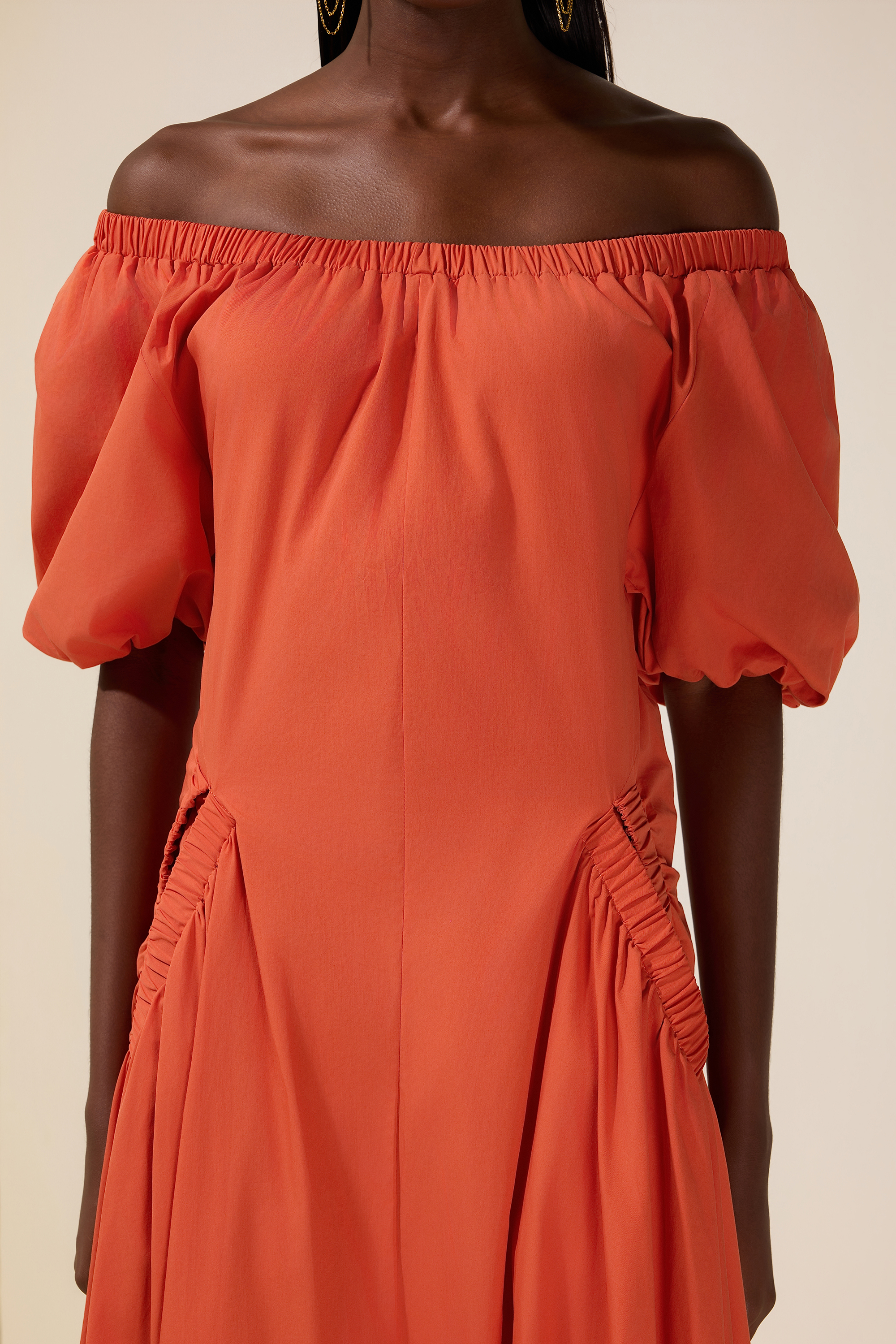 Gathering Pocket Off Shoulder Midi Dress