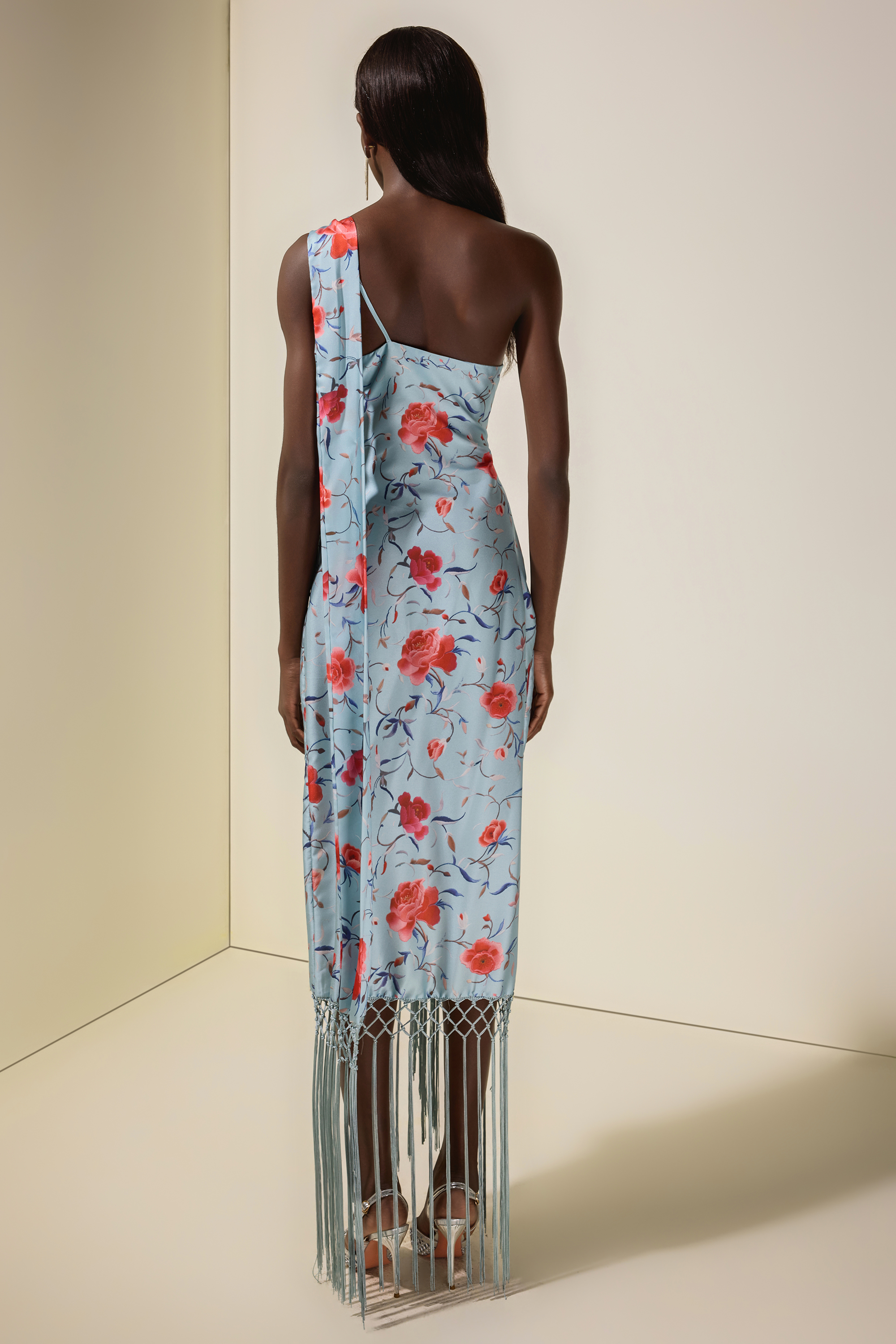 Floral Tassel Halter Neck Satin Midi Dress