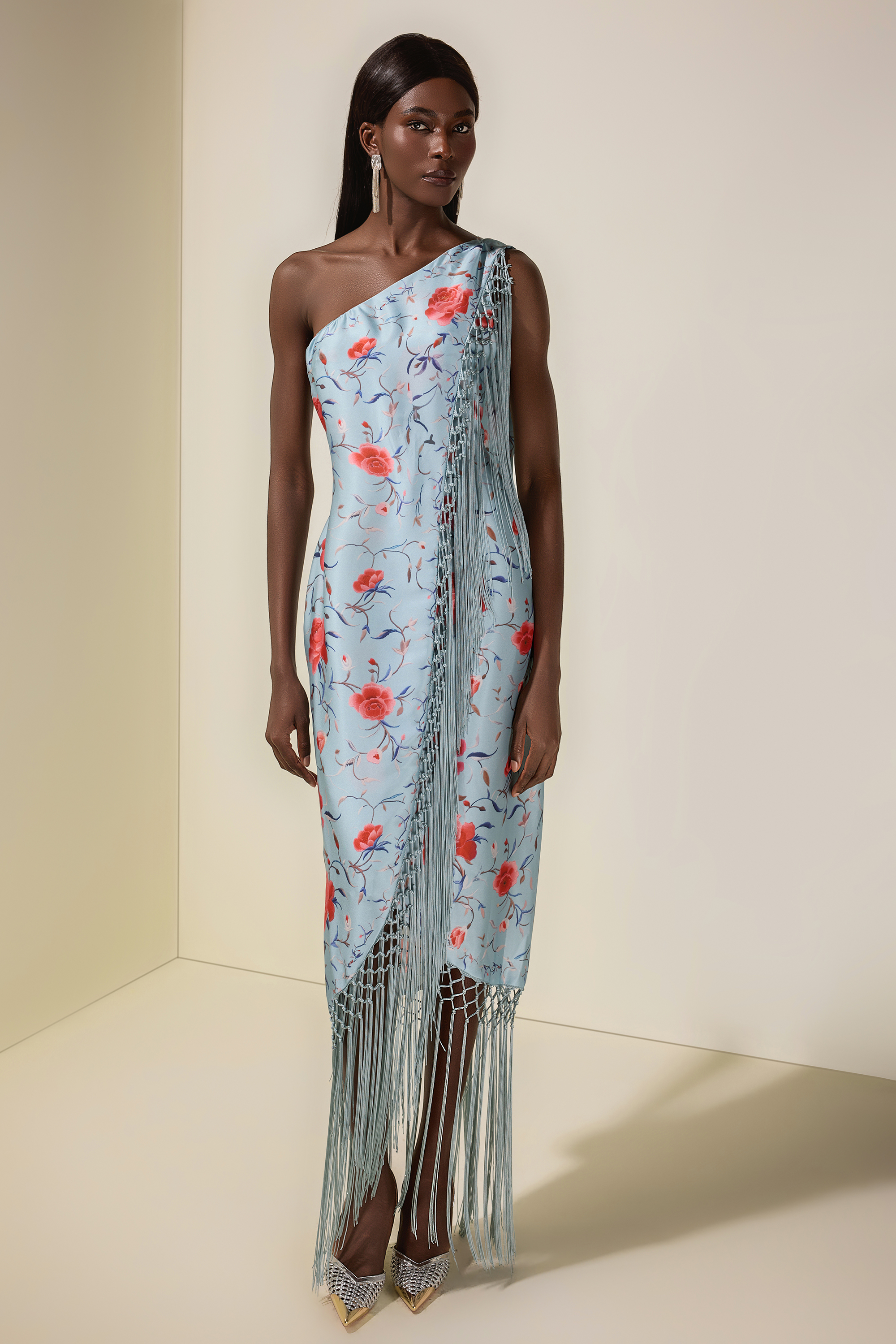 Floral Tassel Halter Neck Satin Midi Dress