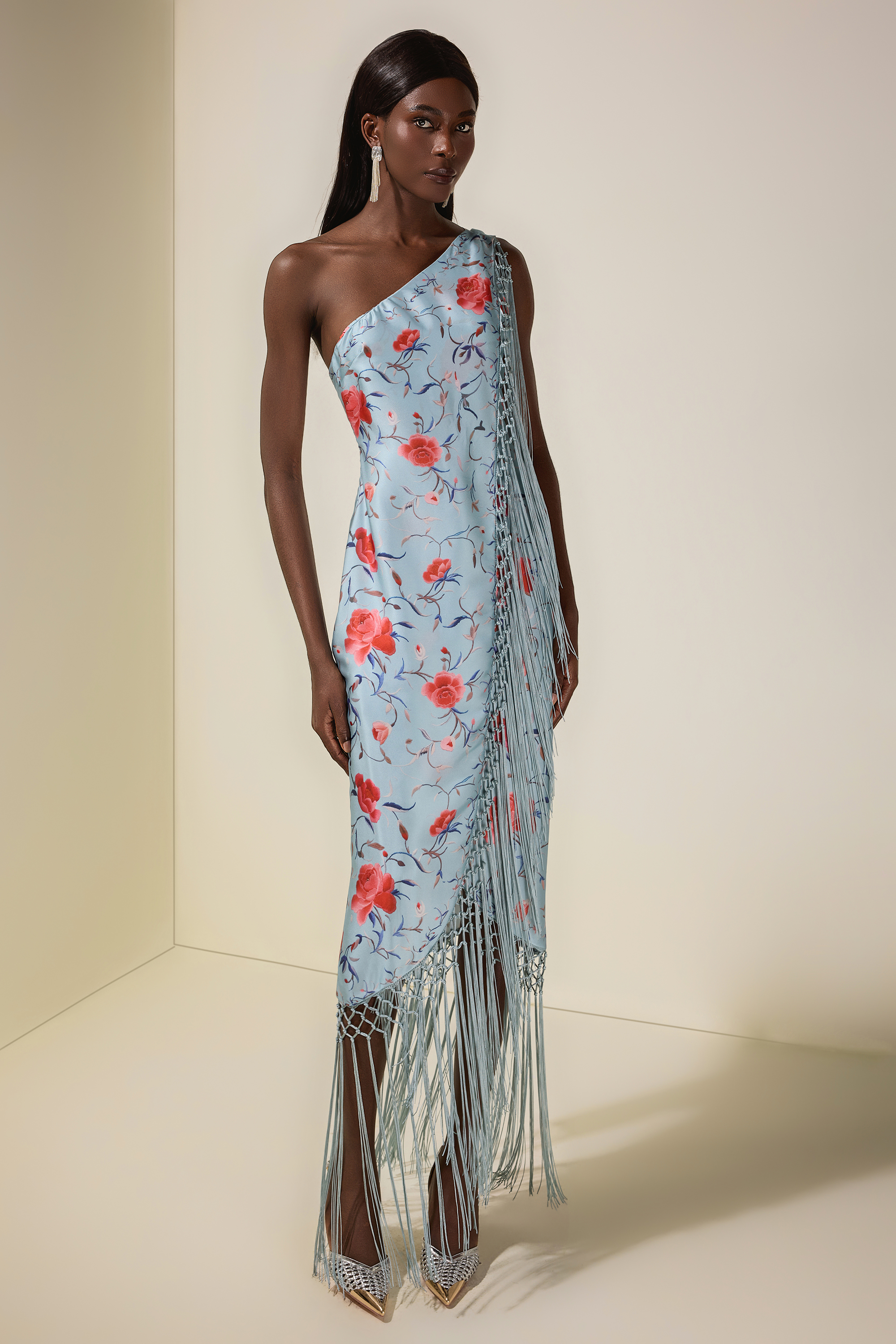 Floral Tassel Halter Neck Satin Midi Dress