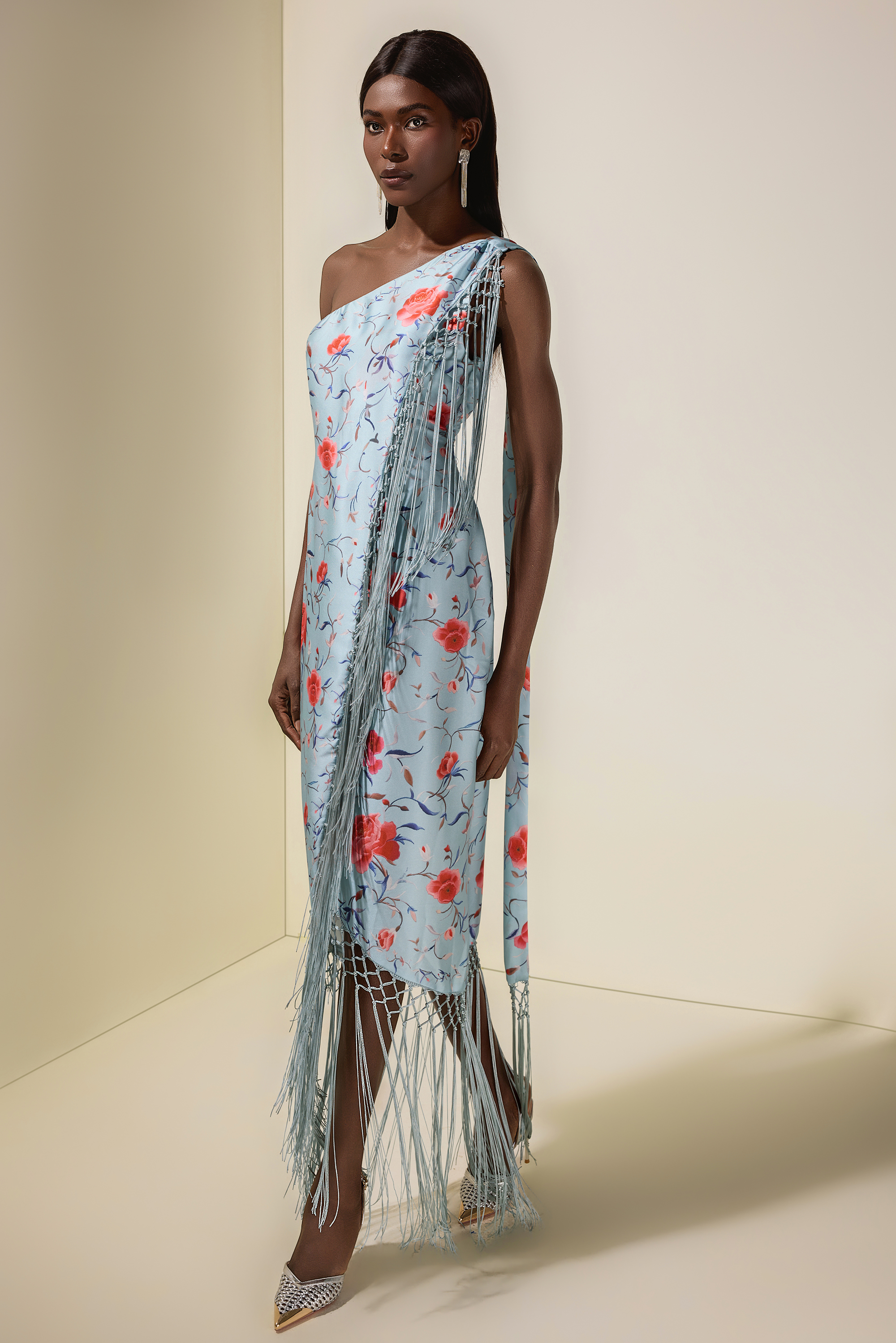 Floral Tassel Halter Neck Satin Midi Dress